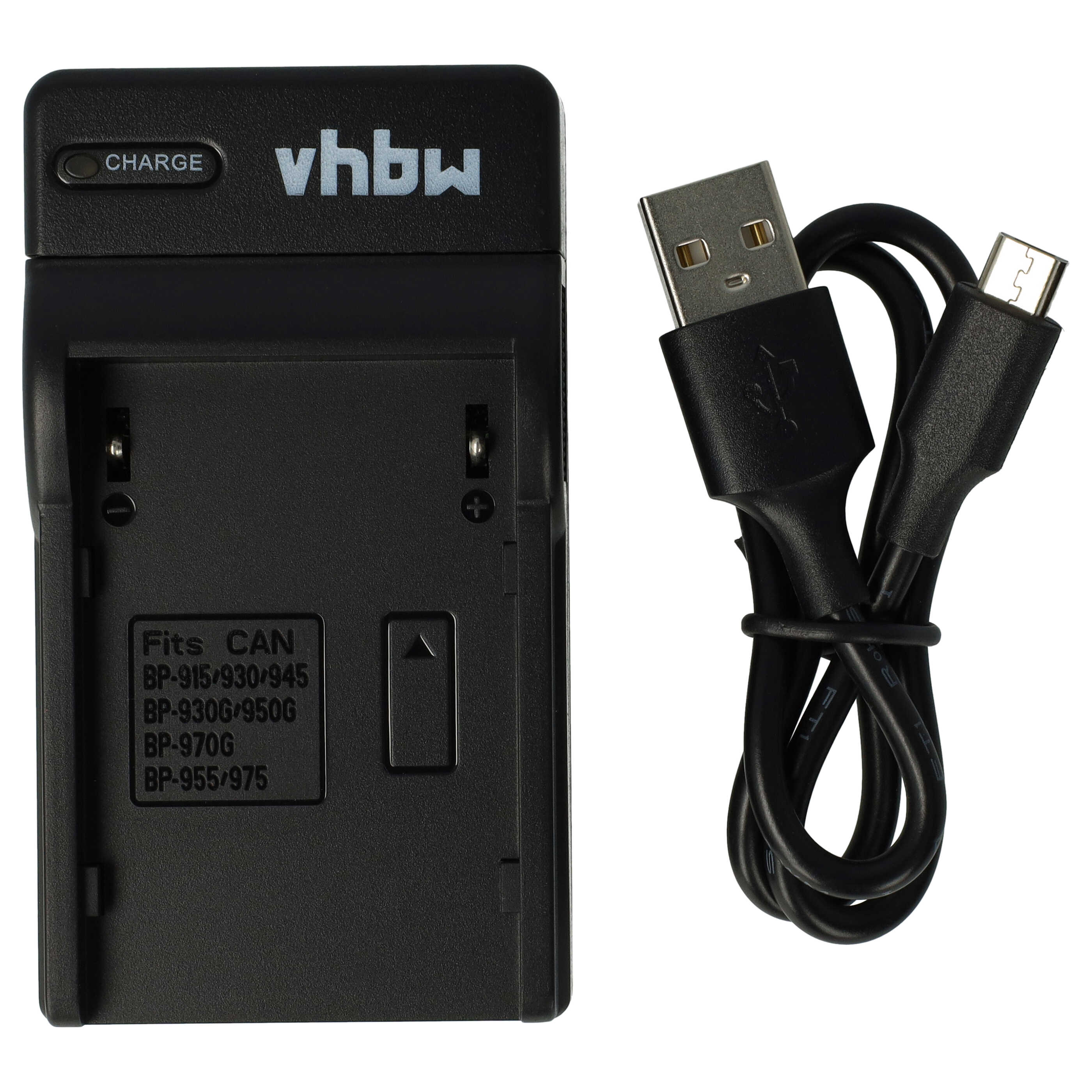 Ein schwarzes Ladegerät mit USB-Kabel, passend für Canon-Akkus.