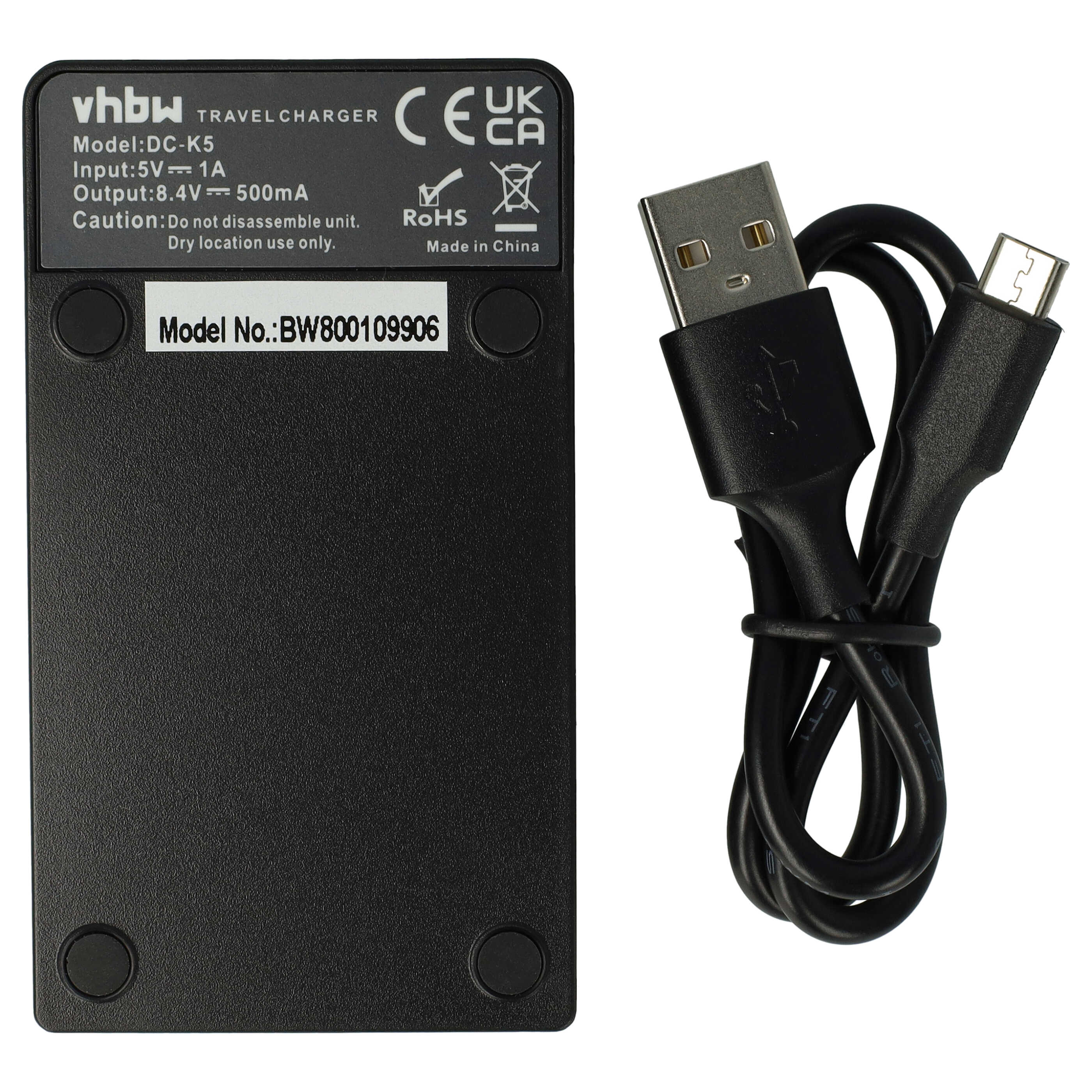 Ein schwarzes vhbw Ladegerät mit USB- und Micro-USB-Kabel.