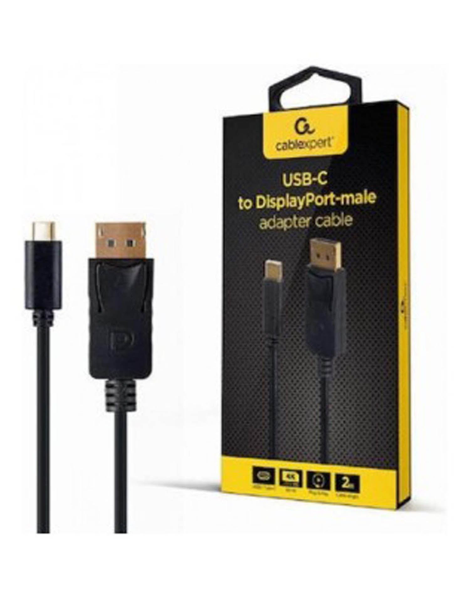 Câble USB-C vers DisplayPort noir avec deux connecteurs.