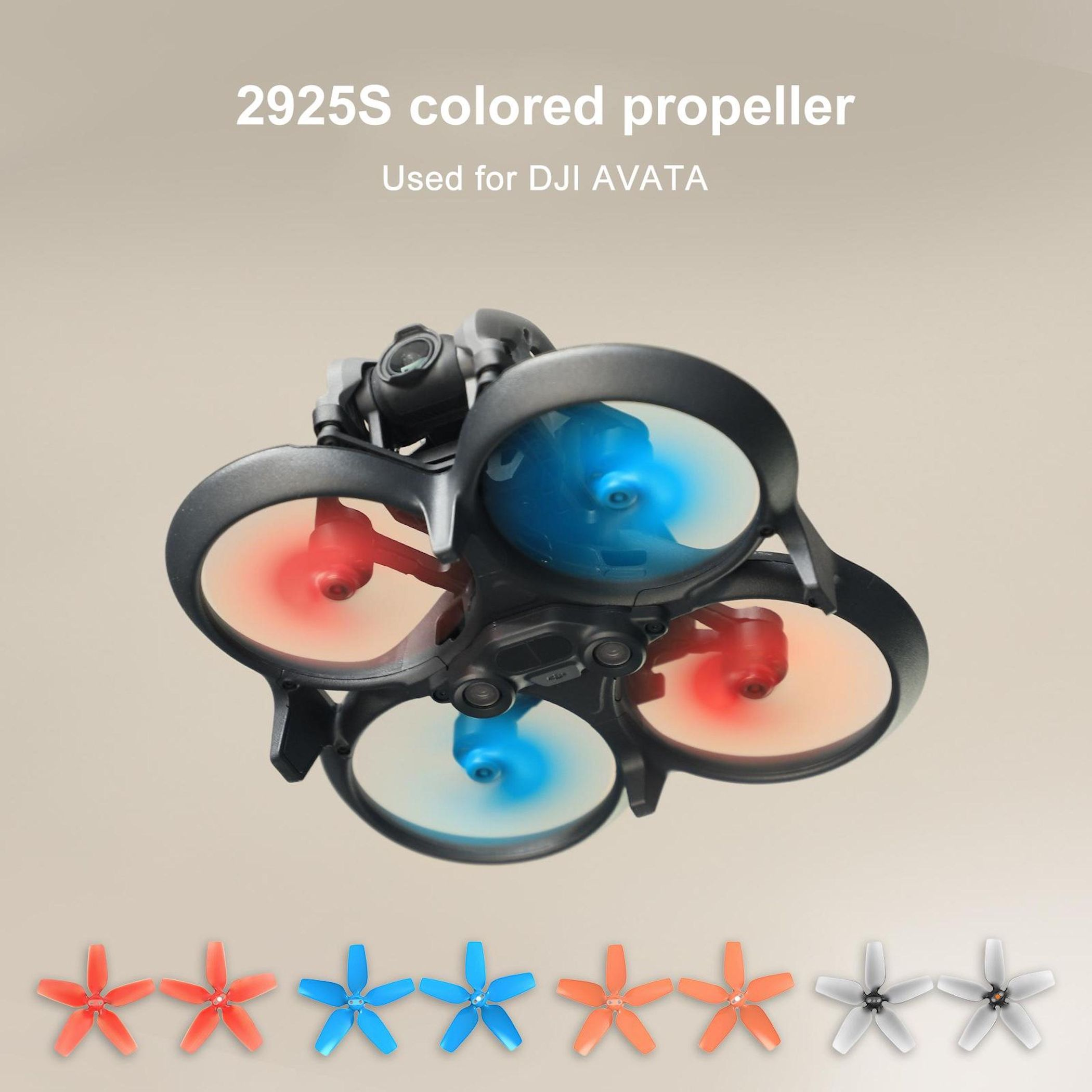 DJI Avata Drohne mit roten und blauen Propellern. Mehrere Ersatzpropeller liegen unten.