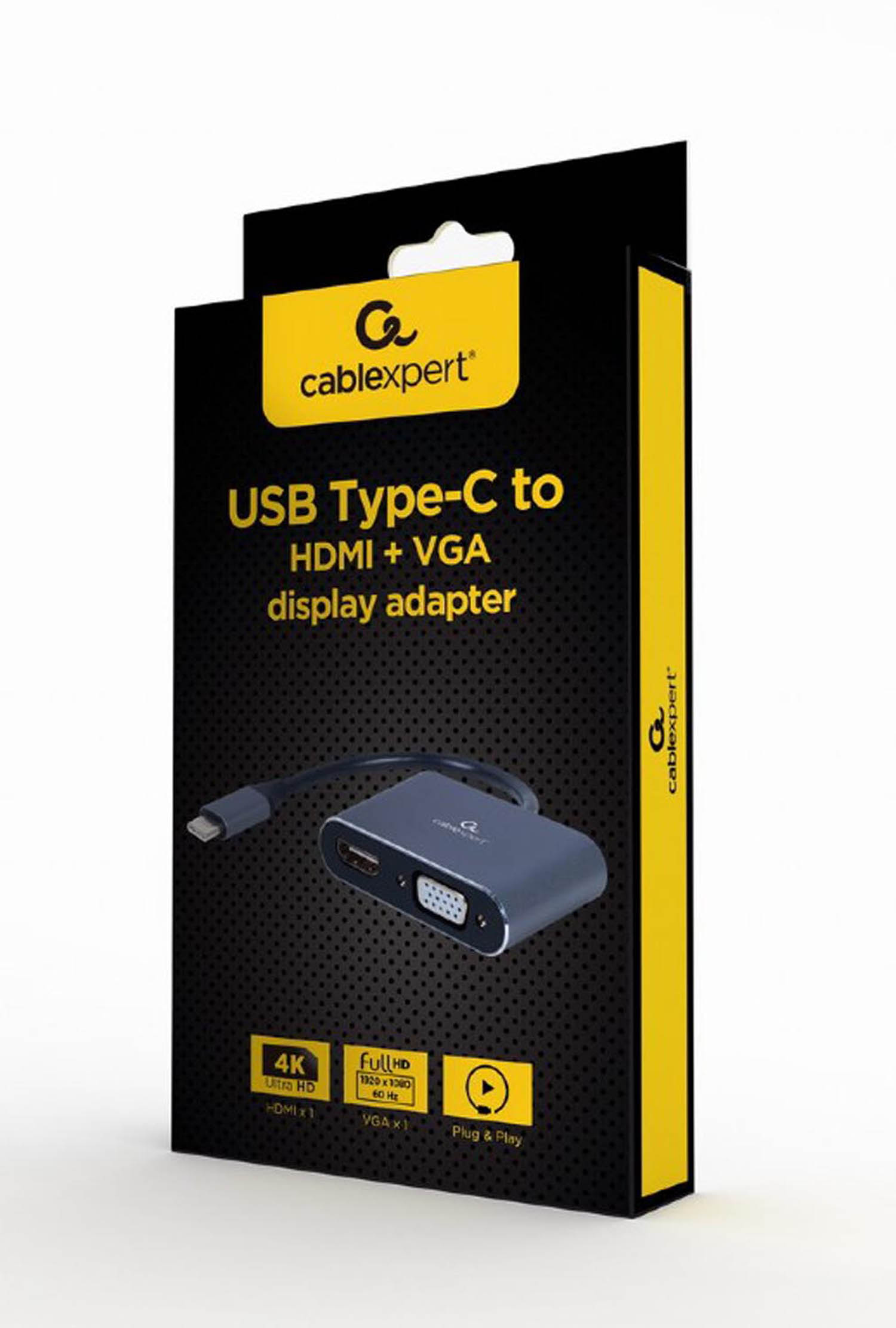 Caja adaptadora Cablexpert USB-C a HDMI/VGA. Incluye 4K, Full HD, Plug & Play.