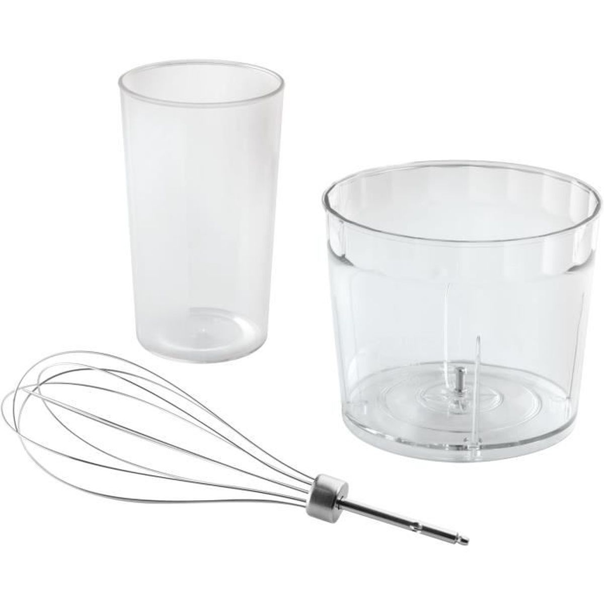 Ein transparenter Messbecher, ein kleiner Behälter und ein Schneebesen aus Metall.