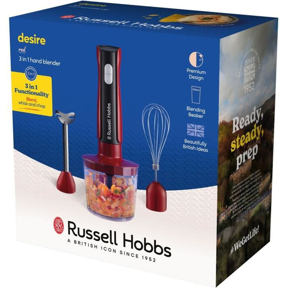 Russell Hobbs Desire Hand Blender Box: Rot mit Zubehör. Blend-, Schneid- und Rührfunktion.