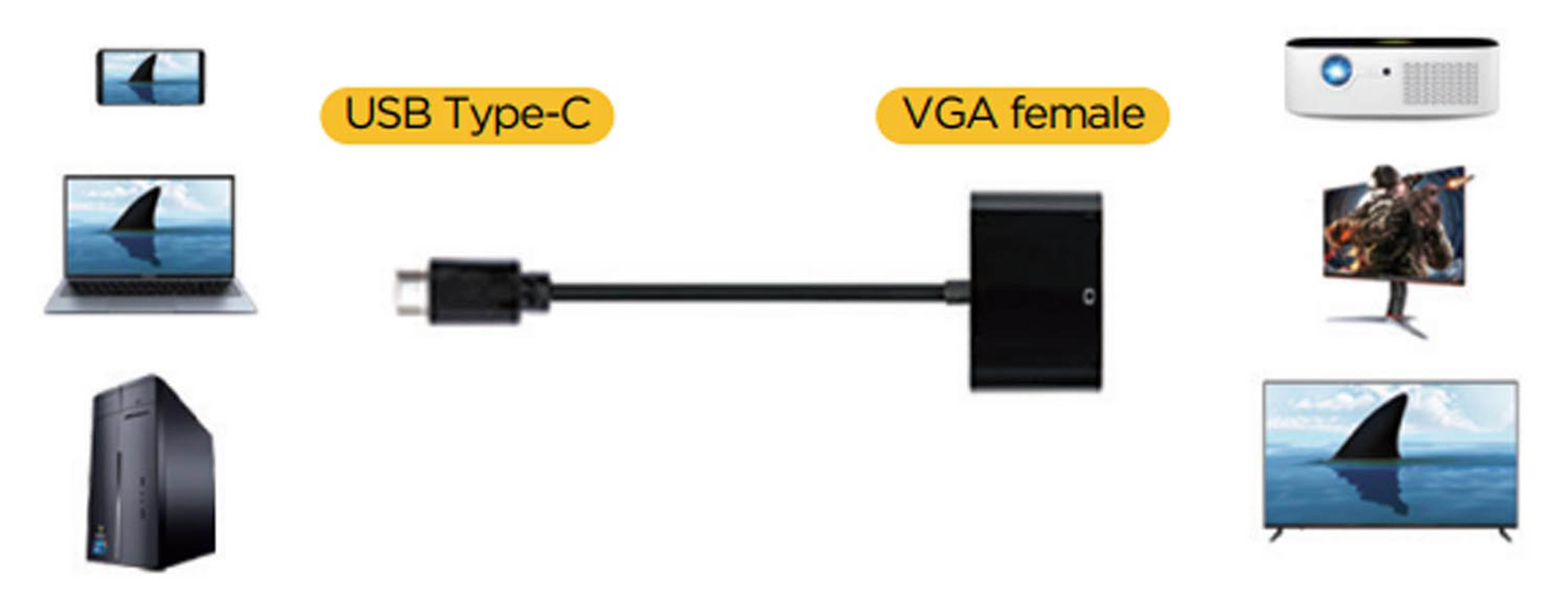 USB-C zu VGA-Adapter mit Laptop, PC, Smartphone, Projektor und Fernseher.