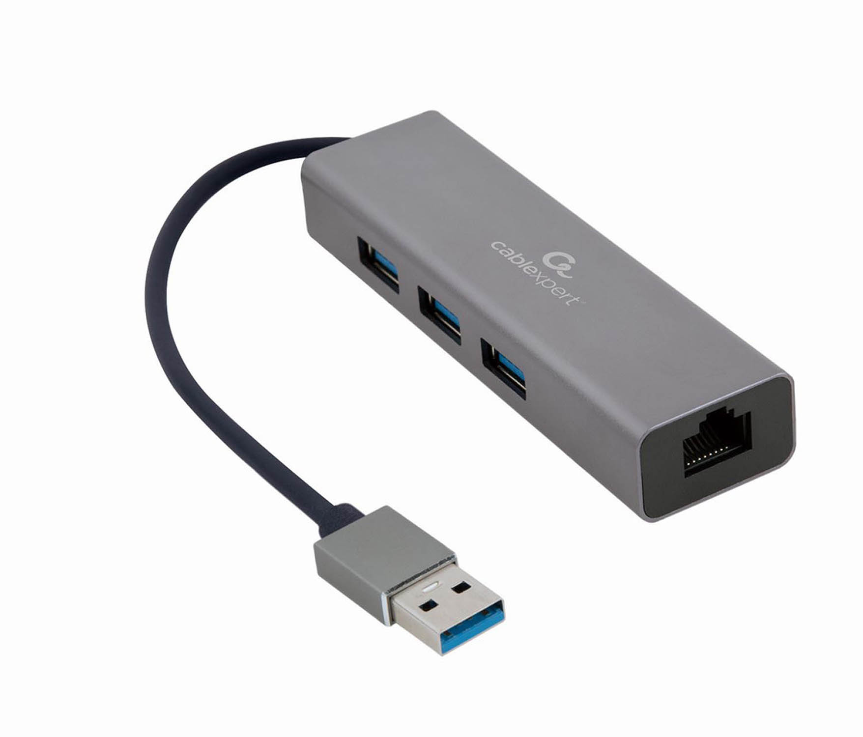 Un hub USB gris avec trois ports USB et un port Ethernet.