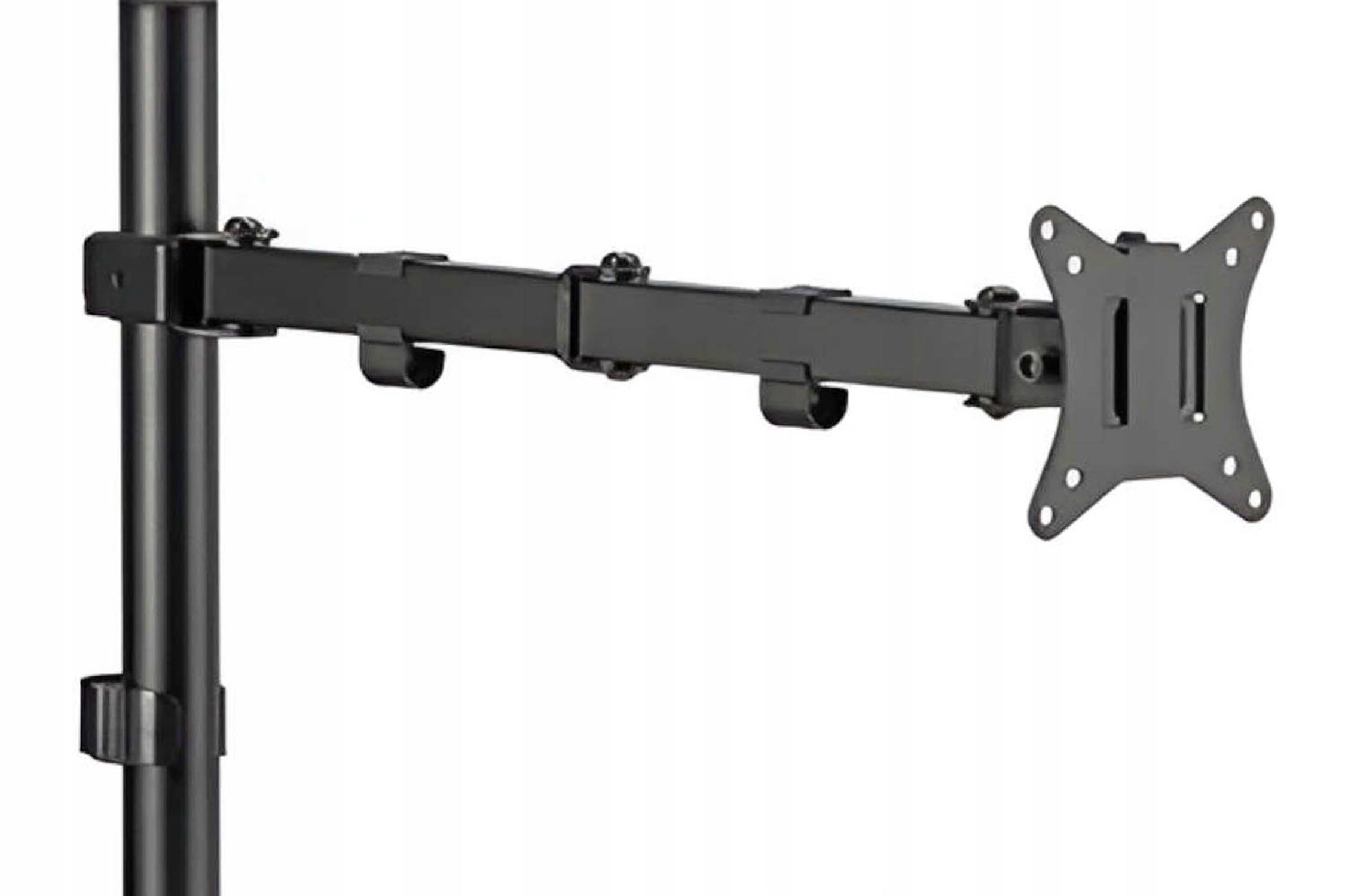 Black monitor arm with adjustable arm attached to a vertical stand.