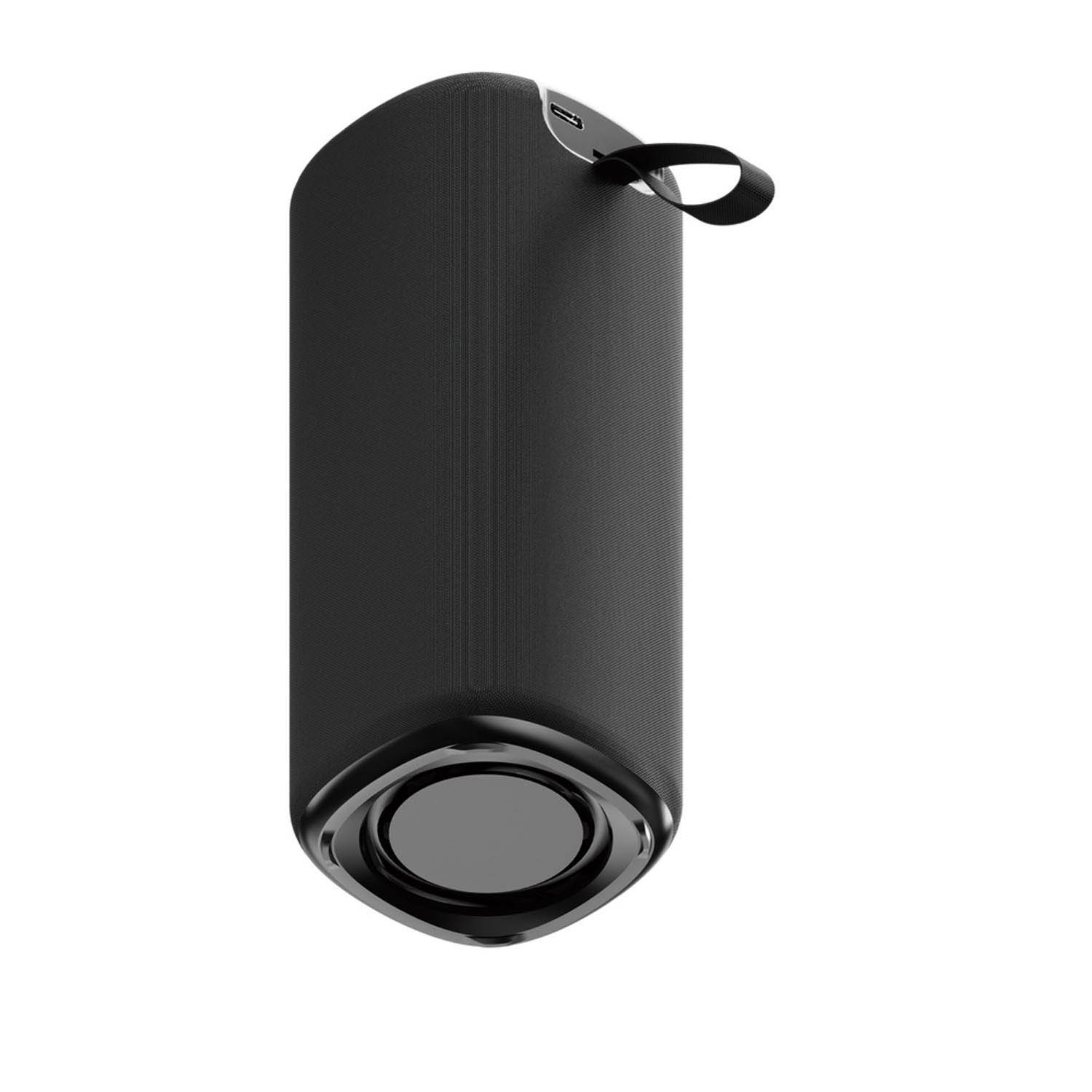 Zwarte cilindrische luidspreker met draagband en USB-poort.