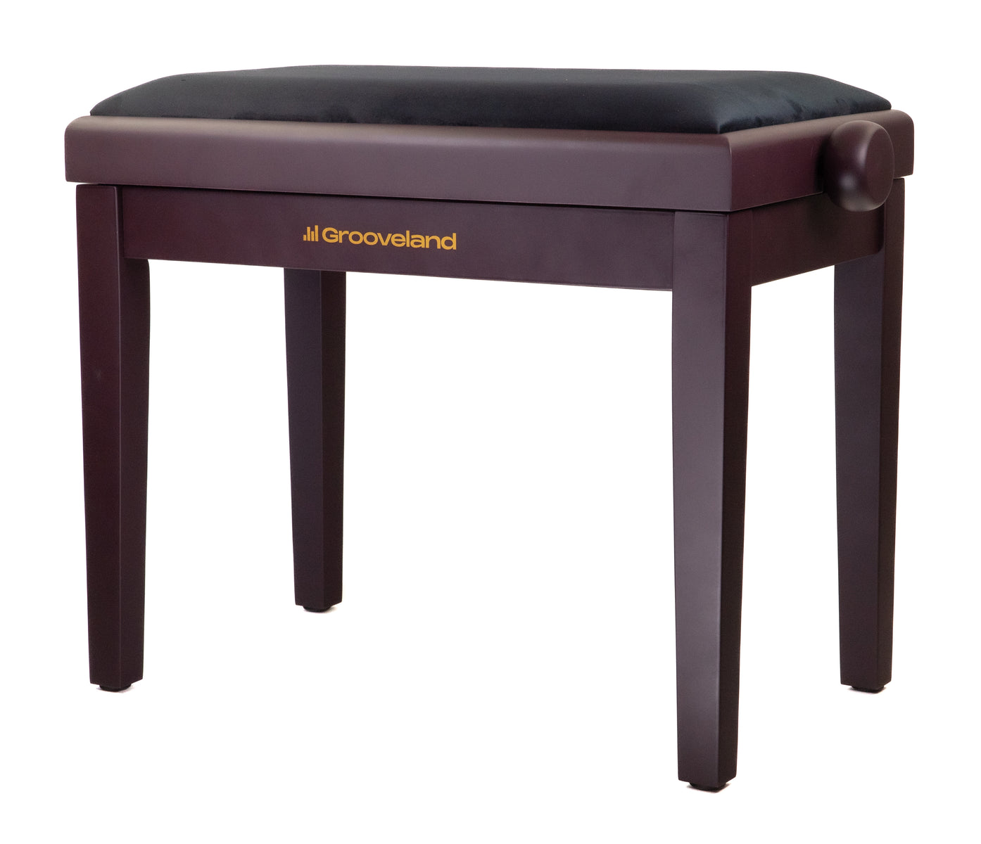 Ein brauner Klavierhocker mit schwarzem Sitz und goldenem Schriftzug.