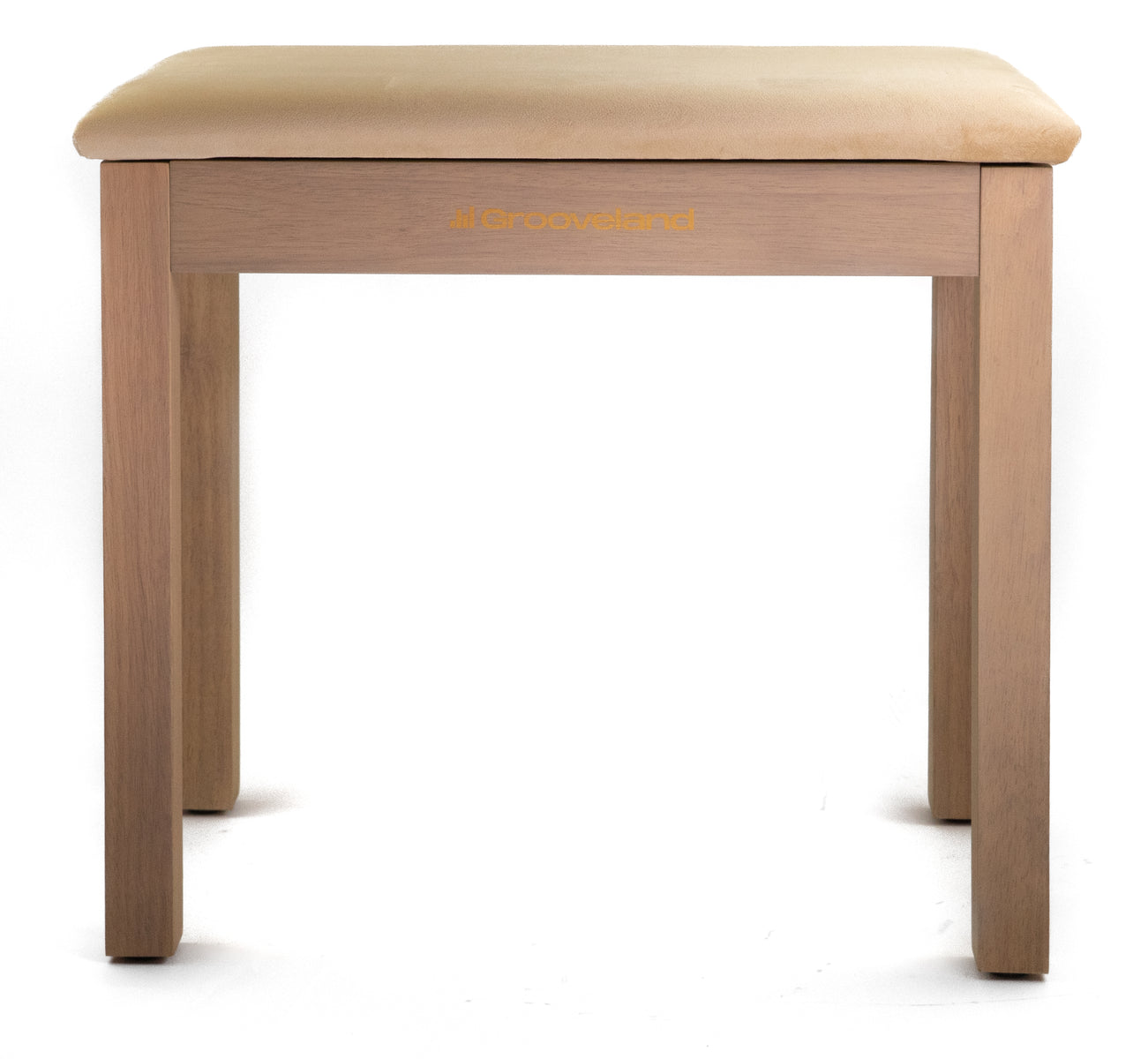 Ein hölzerner Hocker mit beigem Polster und dem Logo "Groove Island".