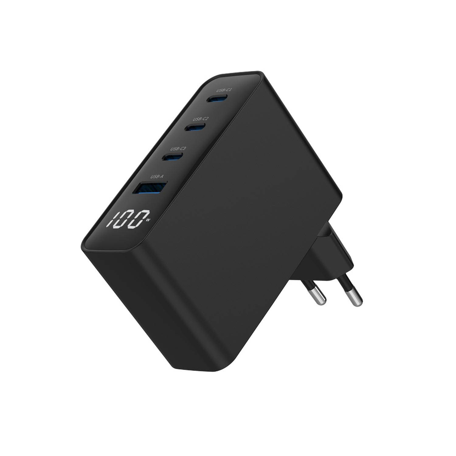 Chargeur noir avec 3 ports USB-C, 1 port USB-A et écran numérique.