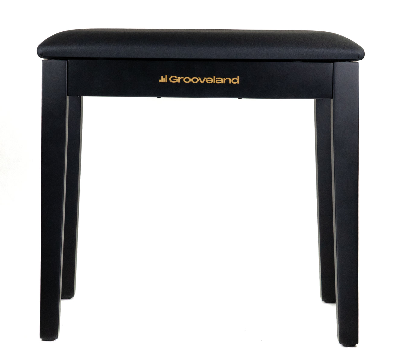 Schwarzer Klavierhocker mit gepolsterter Sitzfläche und goldenem Logo.