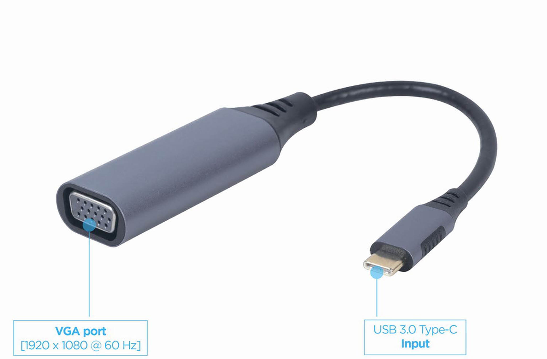Een grijze USB-C naar VGA adapter voor 1920x1080@60Hz.