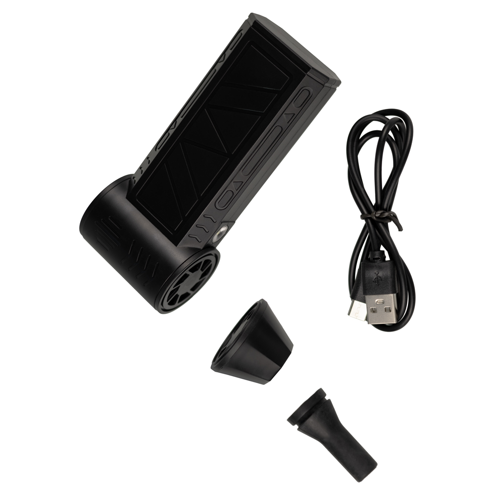 Czarny sprzęt elektroniczny z kablem USB i dwoma nasadkami na białym tle.