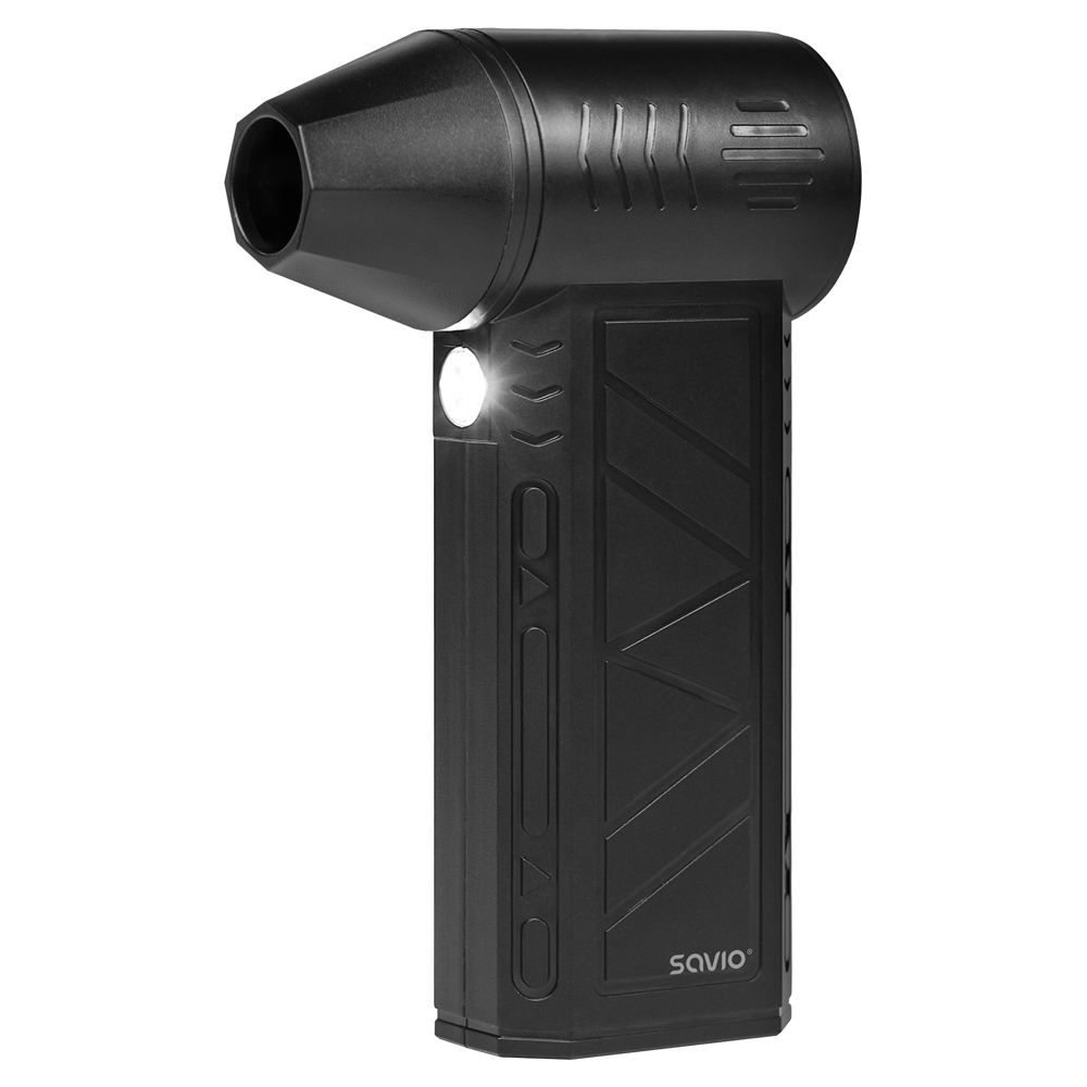 Czarny, kompaktowy kompresor powietrza z wbudowaną diodą LED i logo Savio.