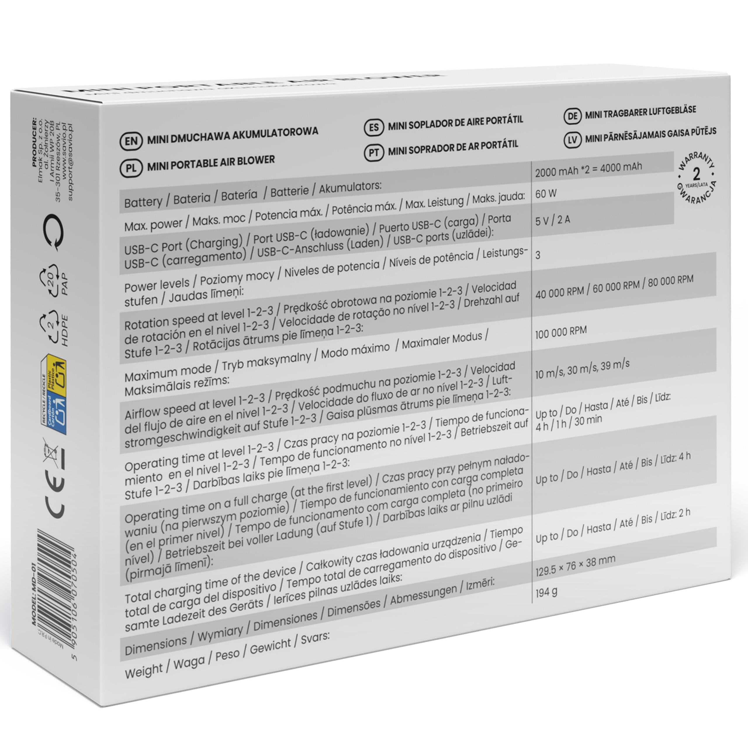 Opakowanie przenośnej dmuchawy z danymi technicznymi.