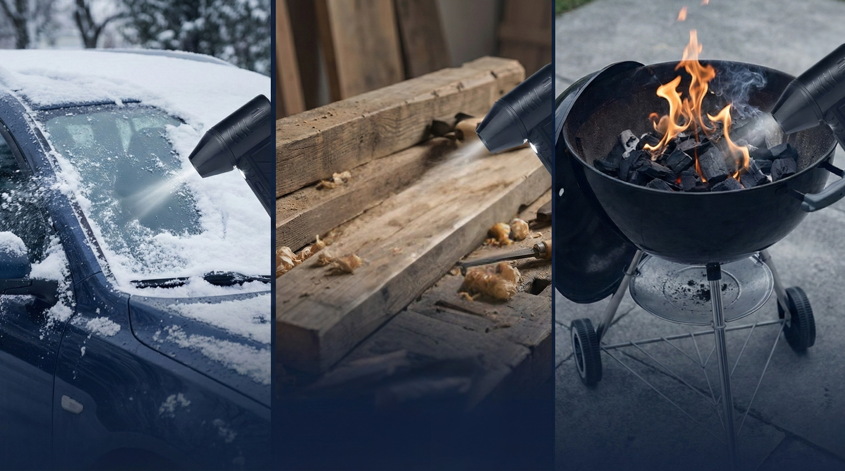 Dmuchawa odmraża śnieg z samochodu, suszy drewno i rozpala węgiel.