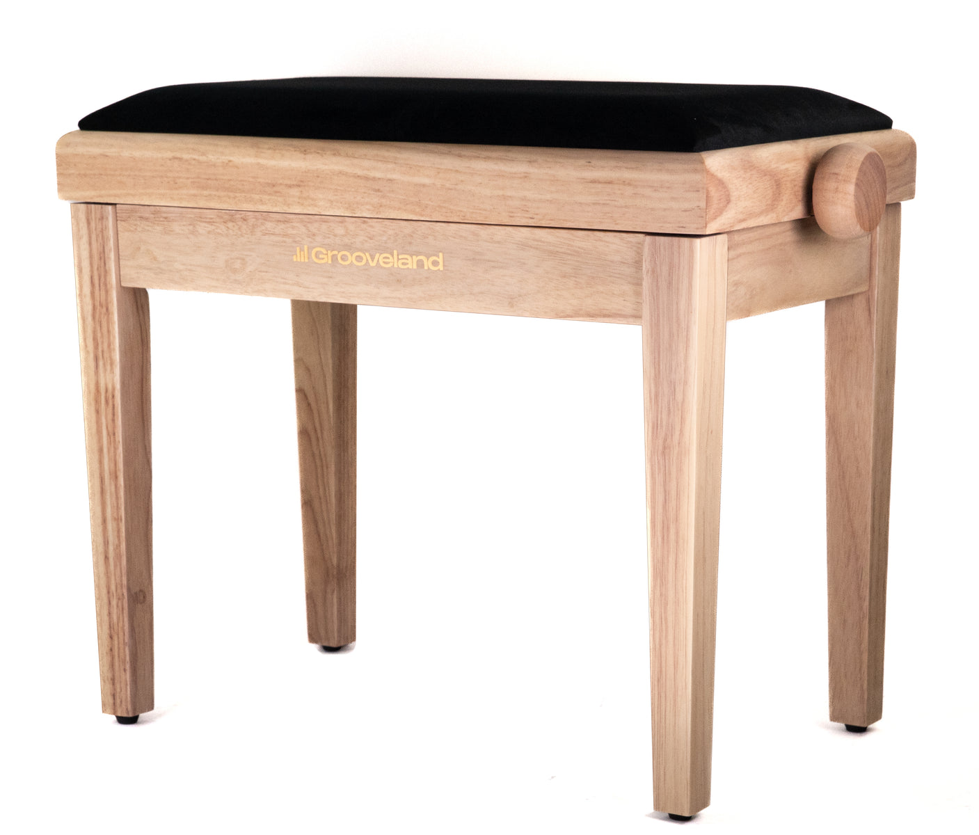 Ein heller Holzklavierhocker mit schwarzer Polsterung und goldenem Logo.