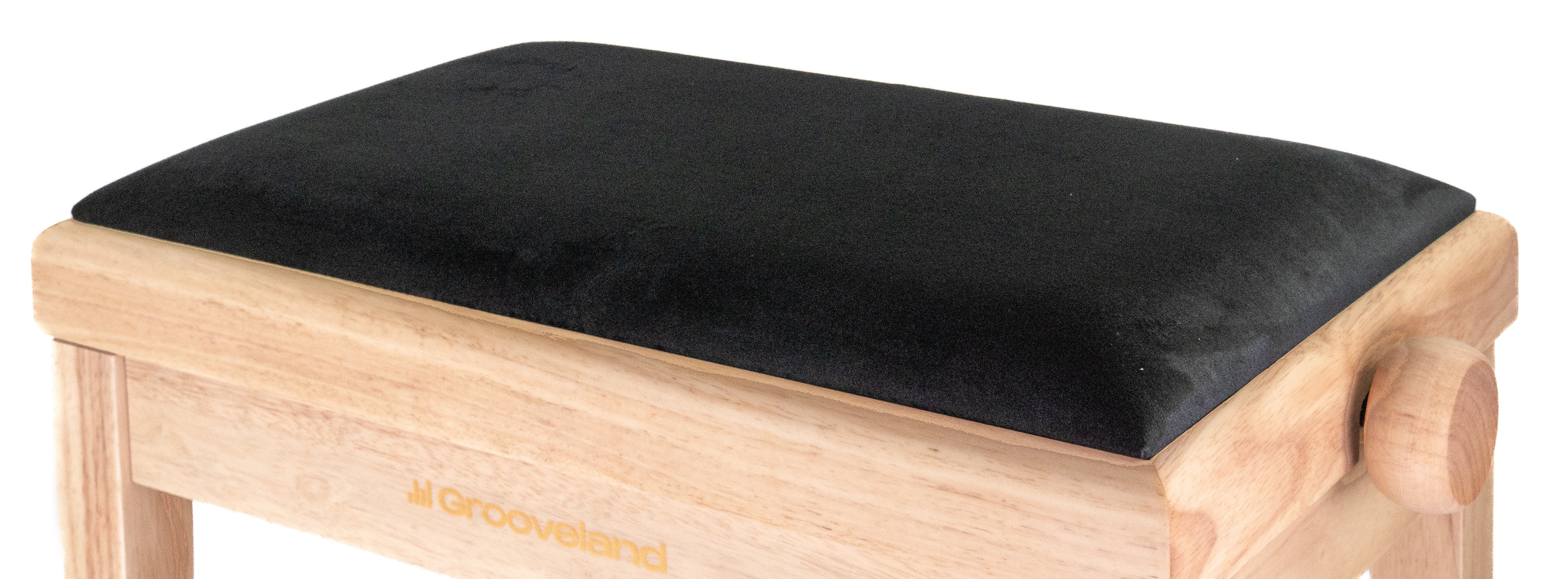 Ein schwarzer Hocker mit Holzrahmen und einem gepolsterten Sitz. Der Schriftzug "Grooveland" ist sichtbar.