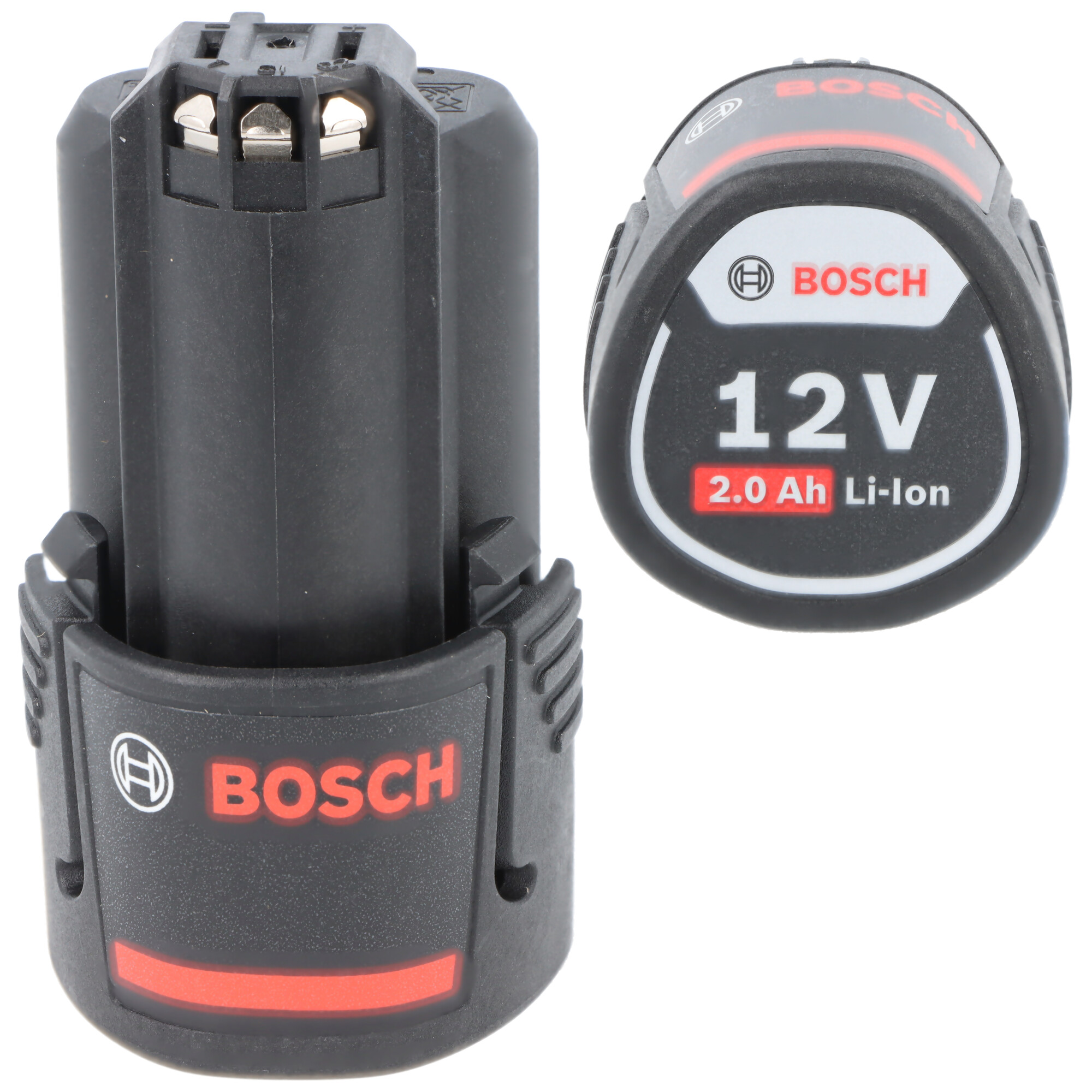 Zwei Bosch 12V 2.0 Ah Li-Ion Akkus auf weißem Hintergrund.