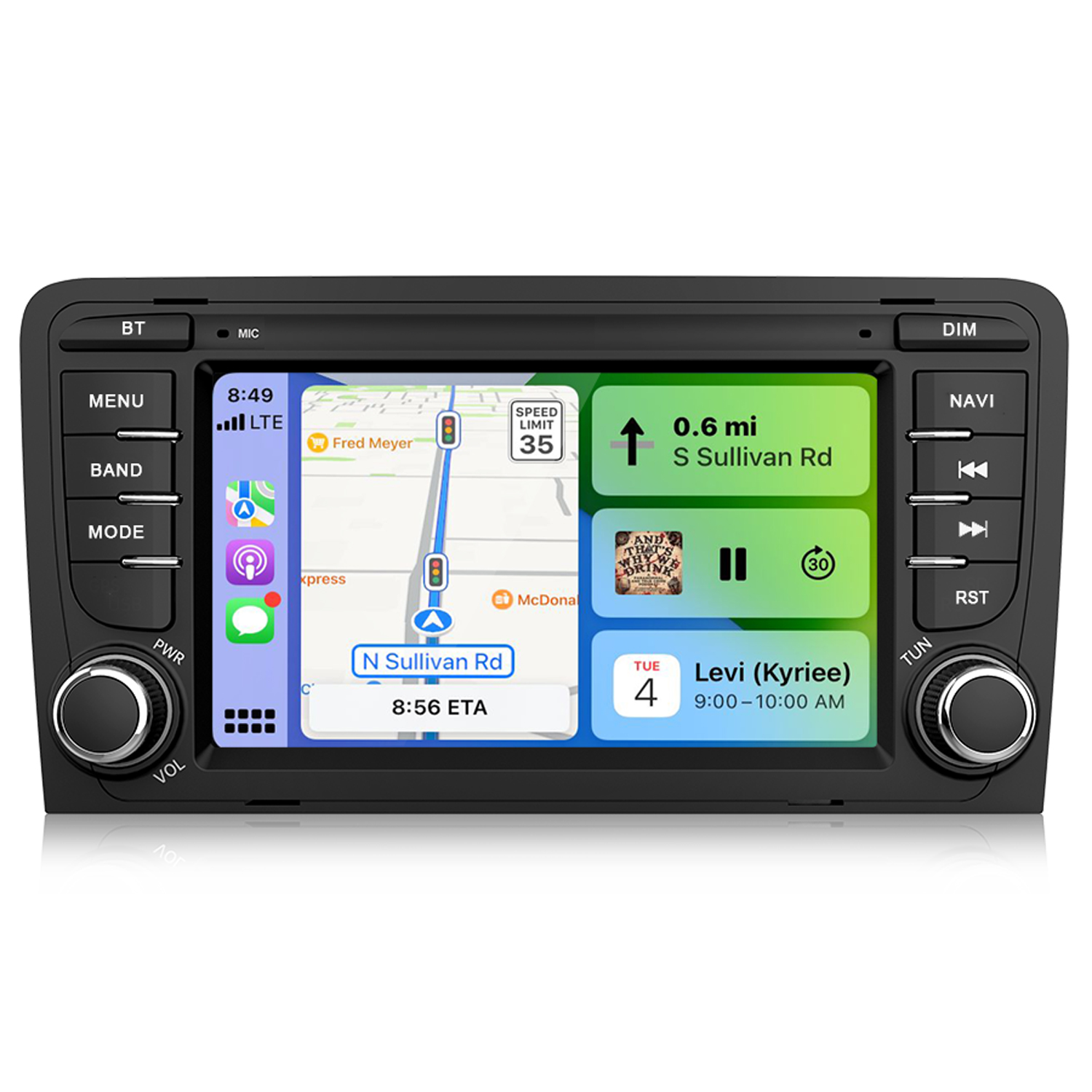 Ein Auto-Infotainmentsystem mit Navigations- und Musikfunktionen.