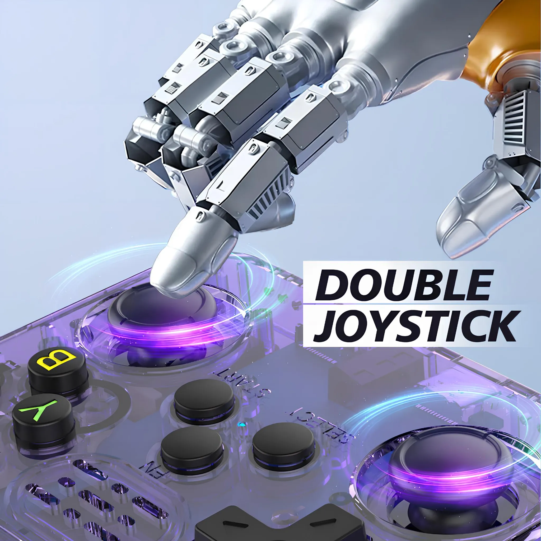 Ein Roboterarm berührt einen transparenten Gamecontroller mit lila Lichtern.