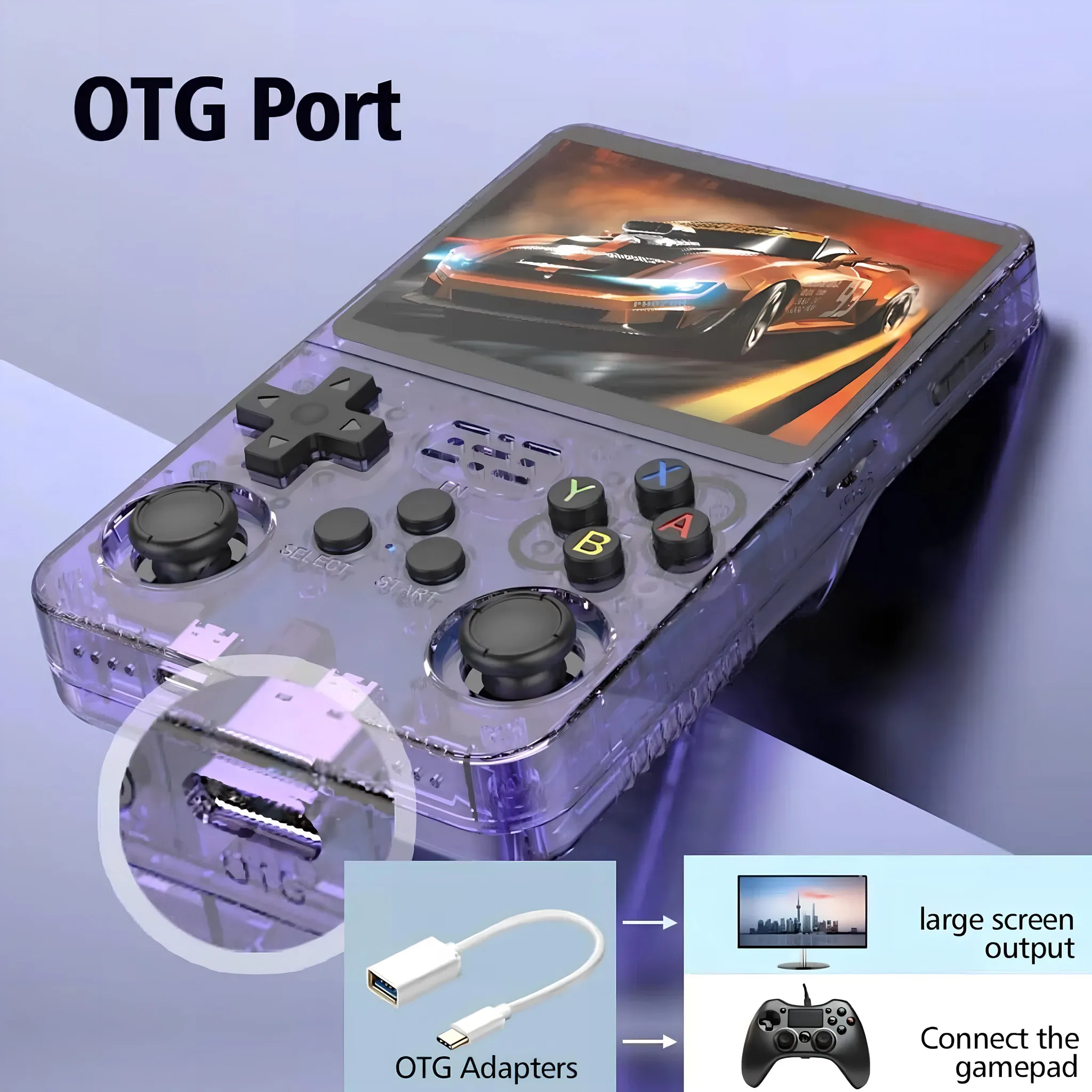 Transparenter Handheld-Emulator mit OTG-Adapter, Monitor und Gamepad.