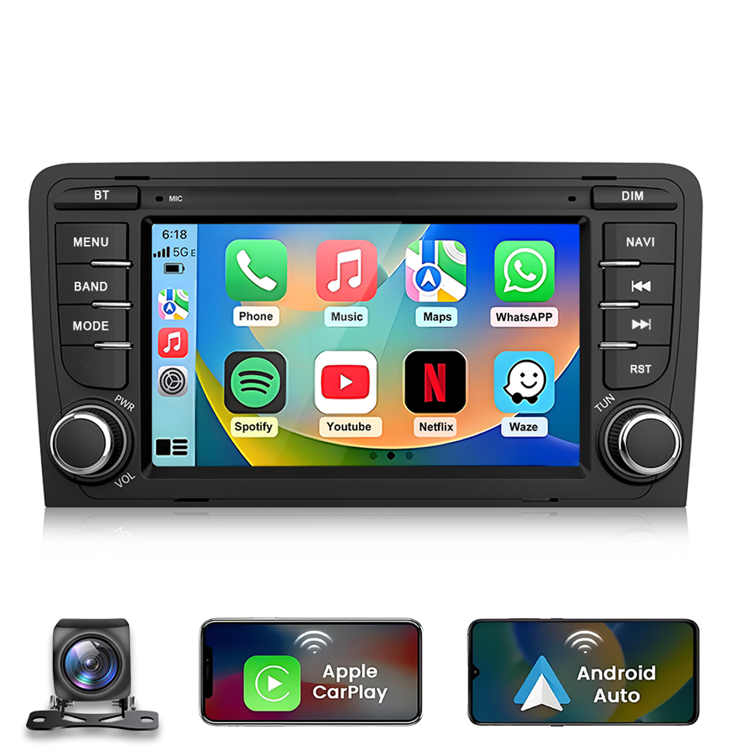 Autoradio mit Touchscreen, zeigt Icons für Telefon, Musik, Karten, WhatsApp, Spotify, YouTube, Netflix, Waze.