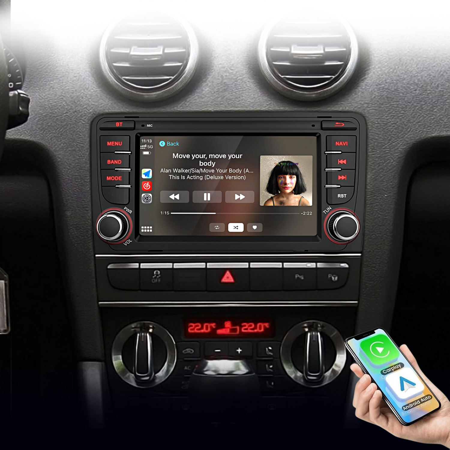 Ein Auto-Infotainmentsystem mit Musikwiedergabe und Klimaanzeige.