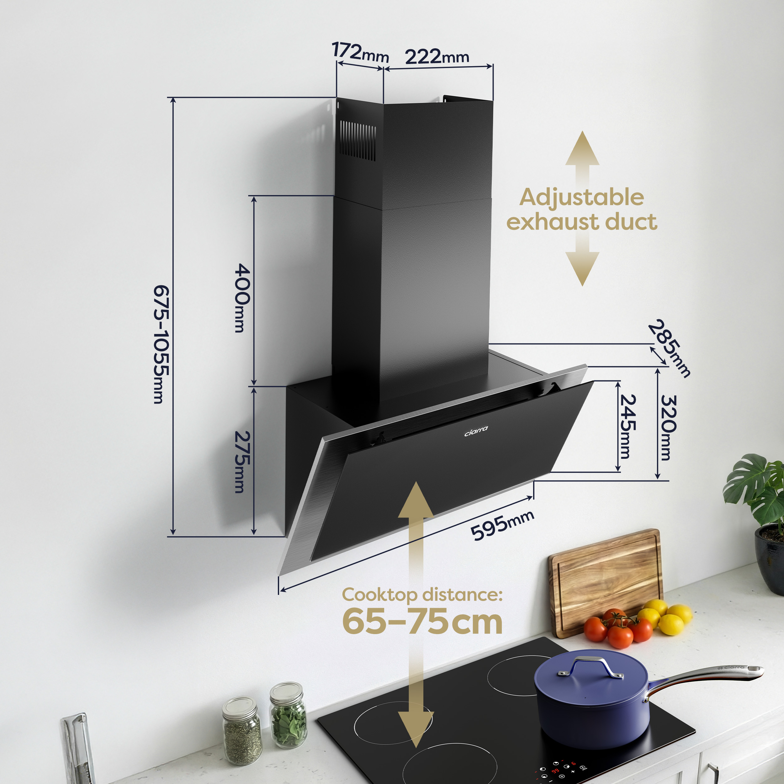 Hotte aspirante noire avec dimensions indiquées sur une plaque.