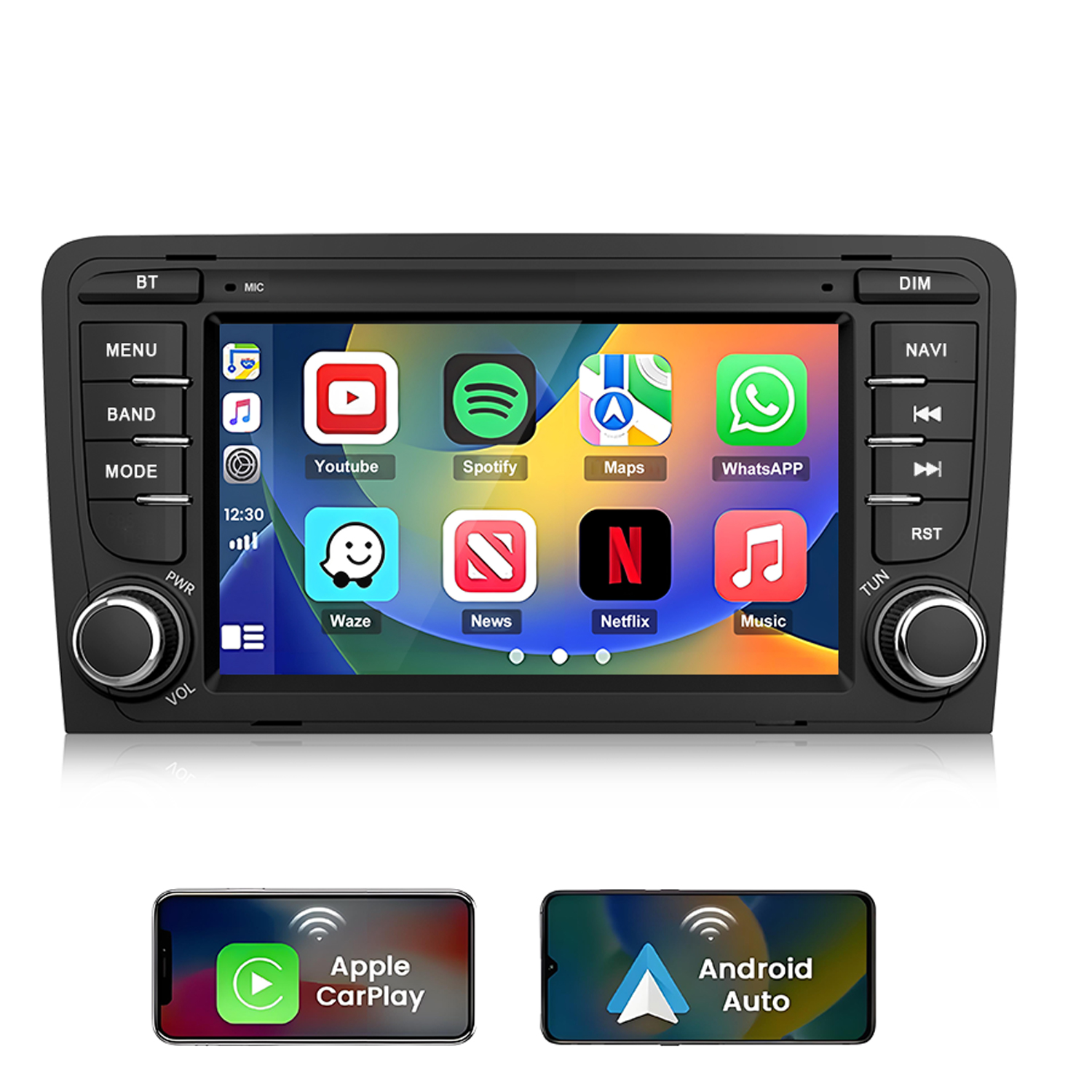 Autoradio mit Touchscreen, zeigt Apps wie YouTube, Spotify, Maps, WhatsApp, Waze, Netflix, Musik.