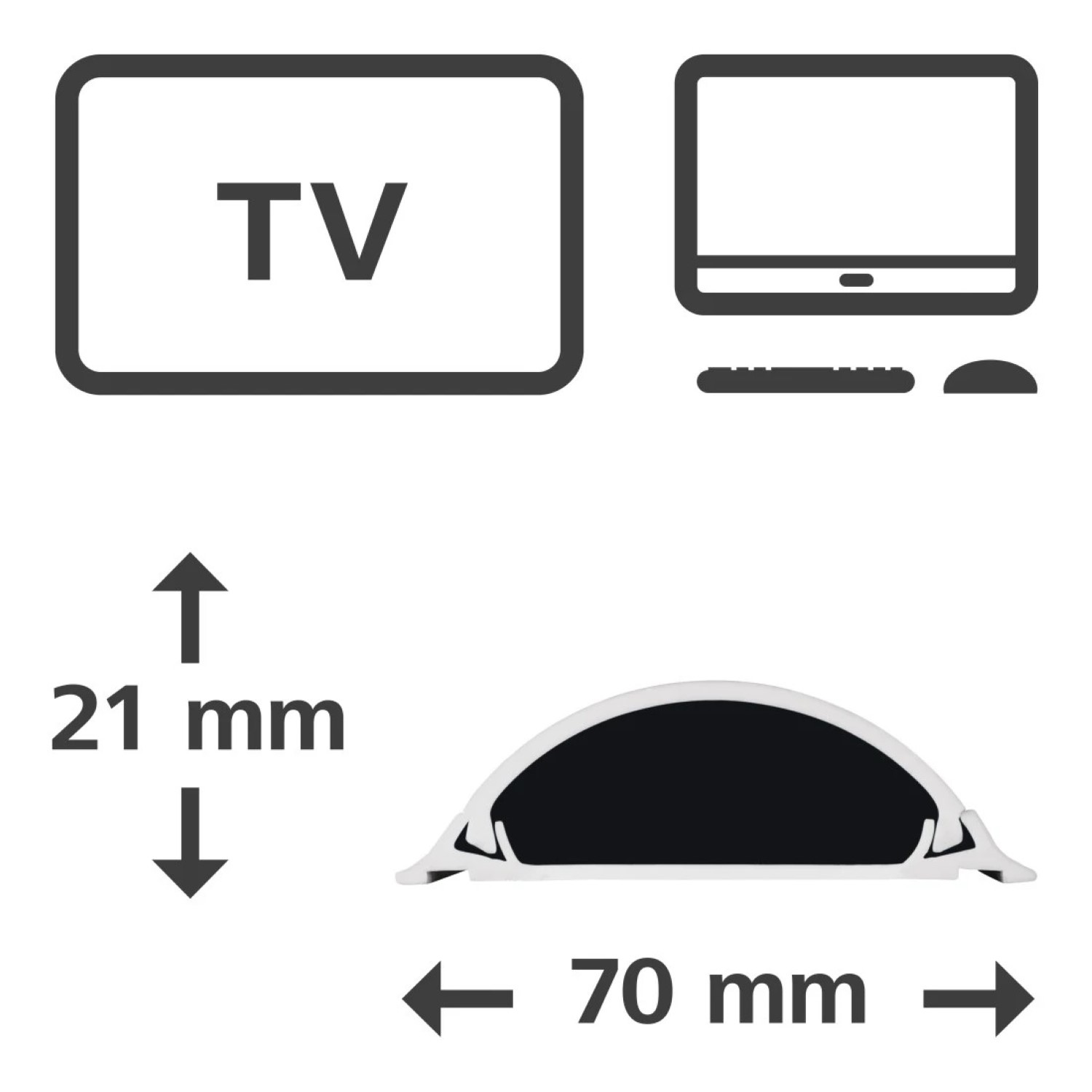 Illustration von TV, Computer, Maus und Tastatur mit Maßen.