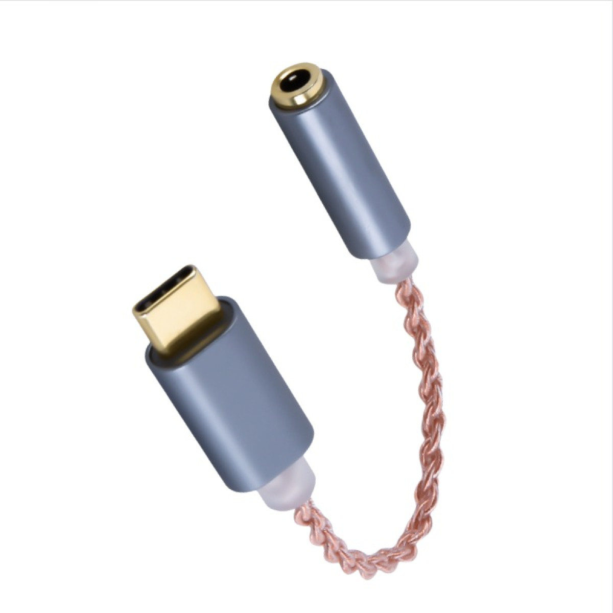 Ein USB-C-zu-3,5-mm-Kopfhöreradapter mit grauem Gehäuse und geflochtenem Kabel.