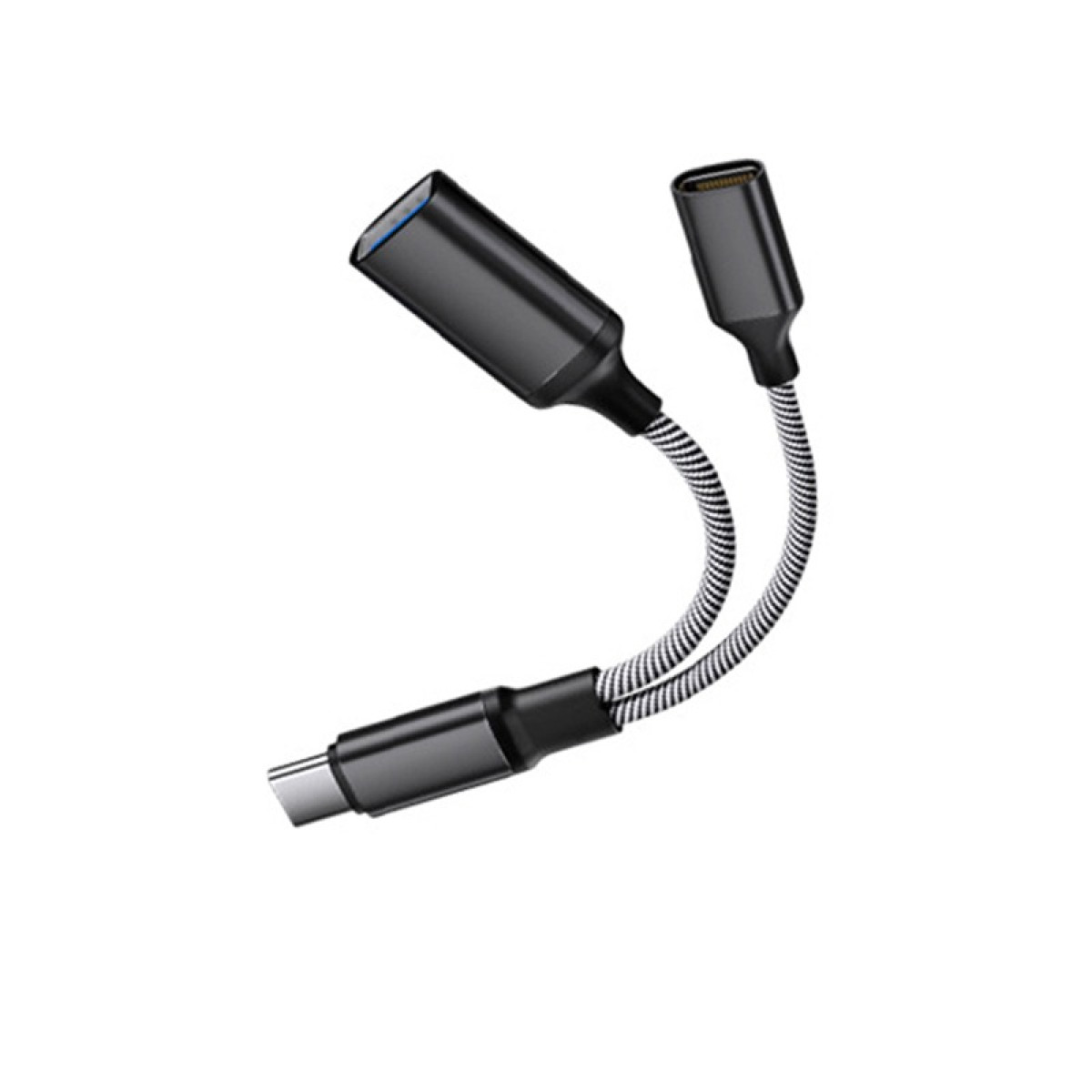 Ein schwarzer USB-C-Adapter mit zwei Kabeln und Buchsen.