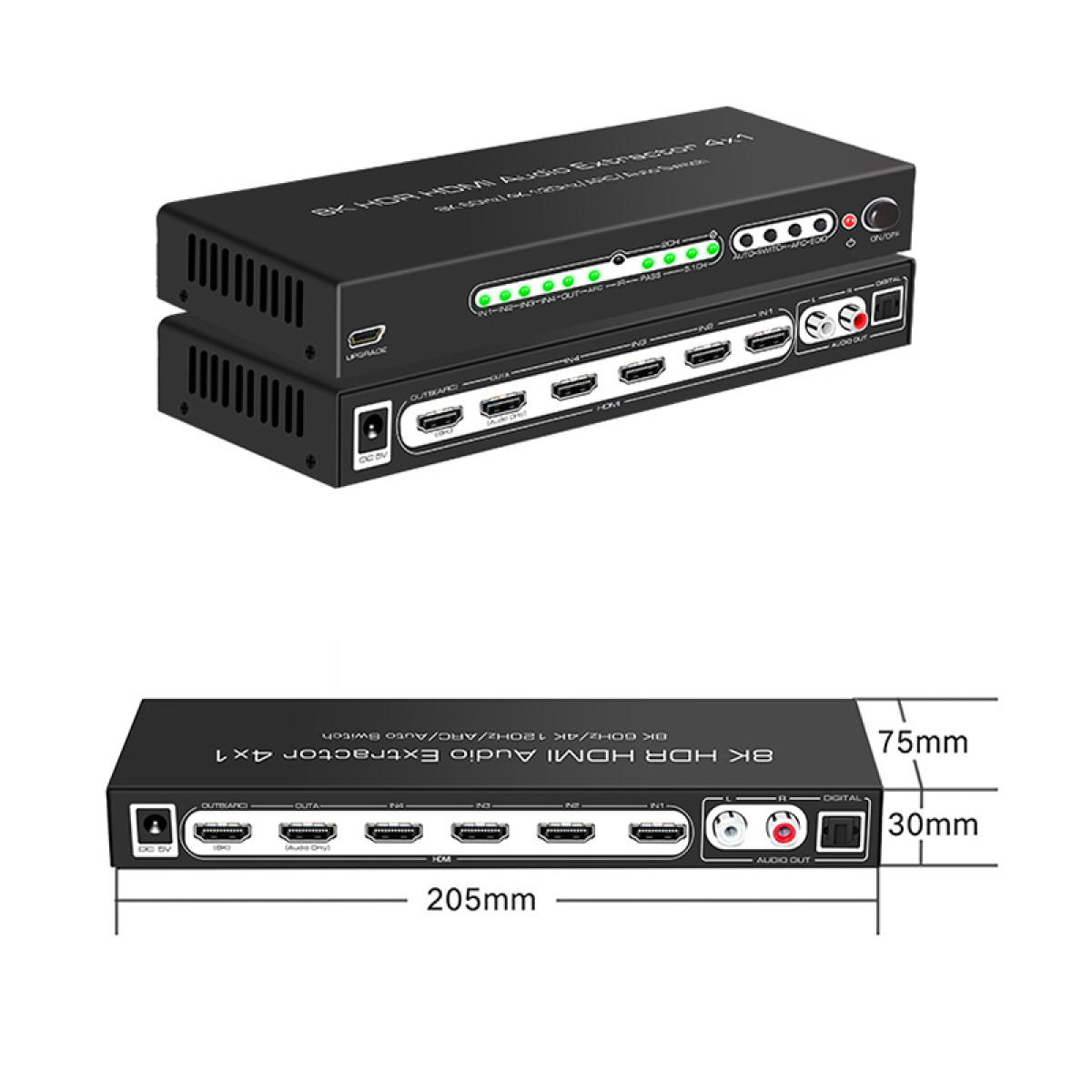 Schwarzer HDMI 4x1 Audio Extractor mit Anschlüssen und Maßen.