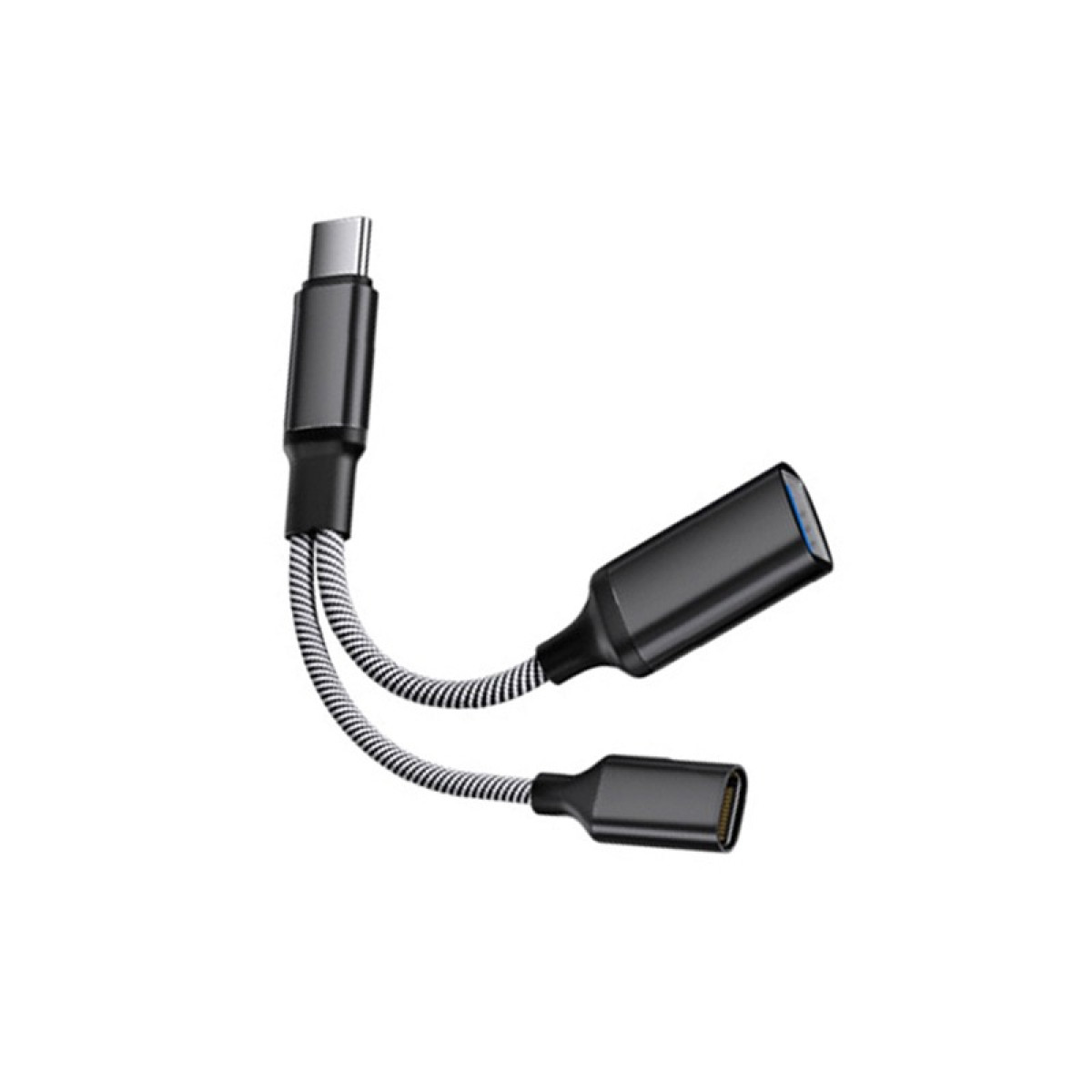 Ein schwarzer USB-C-Splitter mit zwei geflochtenen Kabeln und Anschlüssen.
