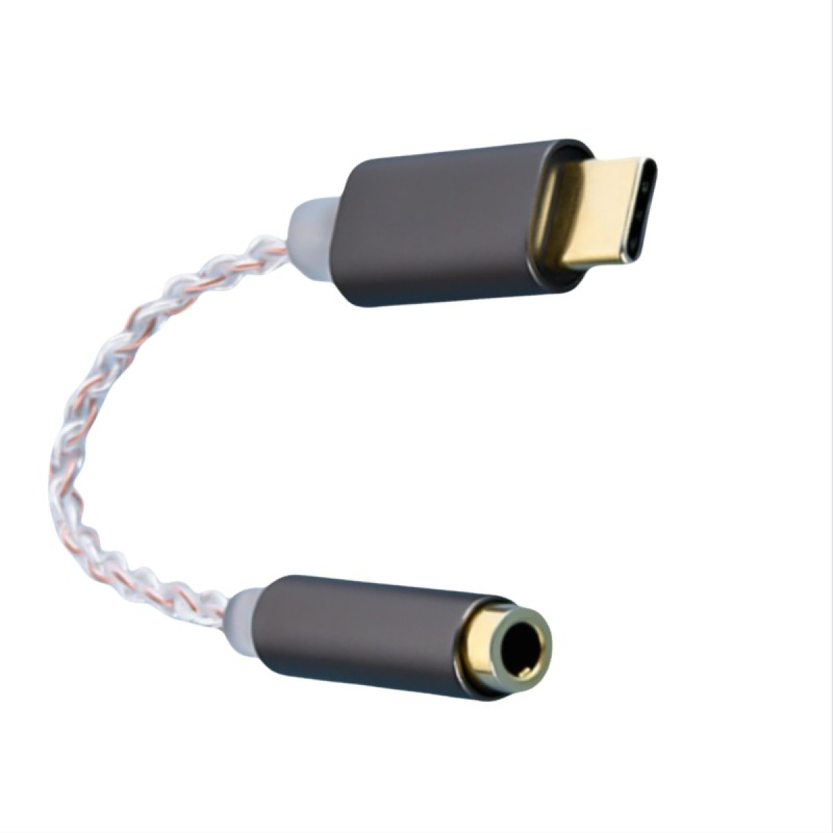 Ein USB-C-zu-3,5-mm-Adapter mit grauem Stecker und weiß-rotem Kabel.