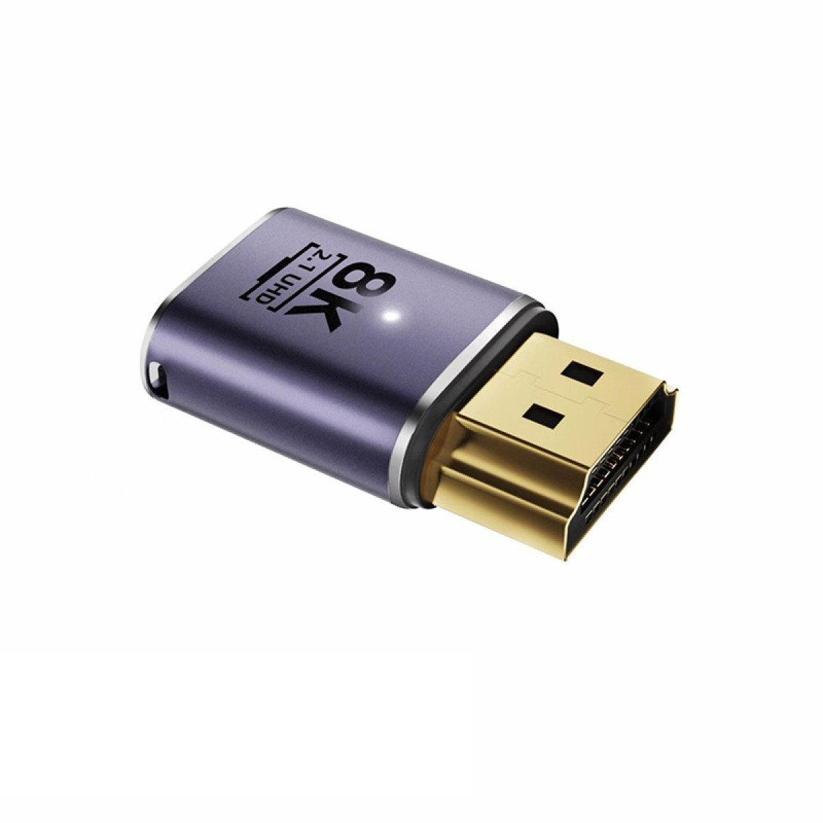 Ein violetter Adapter mit 8K 2.1 UHD Text und einem goldenen HDMI-Anschluss.