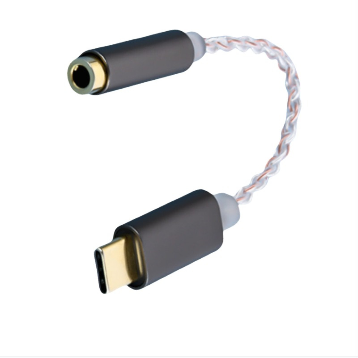 Ein USB-C-zu-3,5-mm-Adapterkabel mit grauem Stecker und verdrilltem Kabel.
