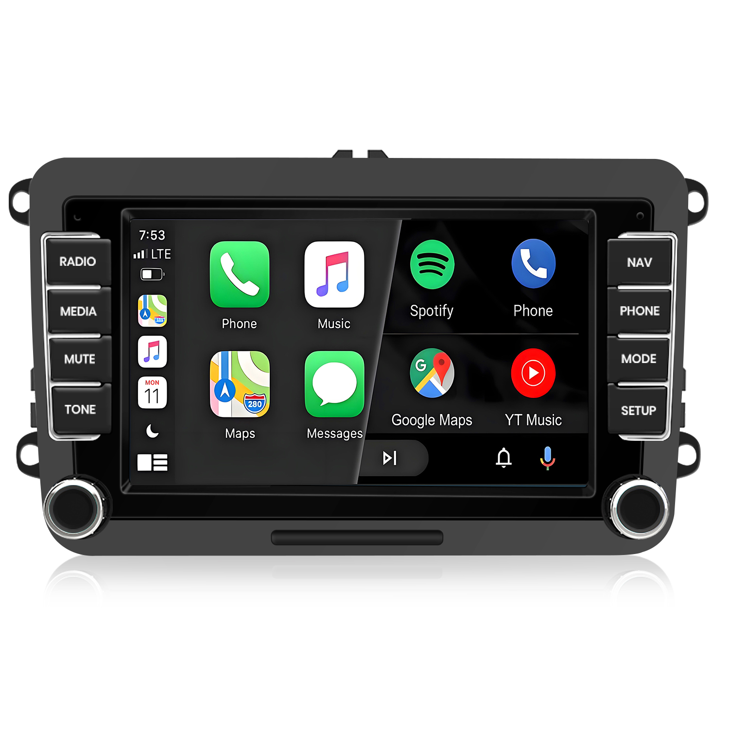 Ein Autoradio-Display zeigt App-Icons wie Telefon, Musik, Spotify, Maps und YouTube.