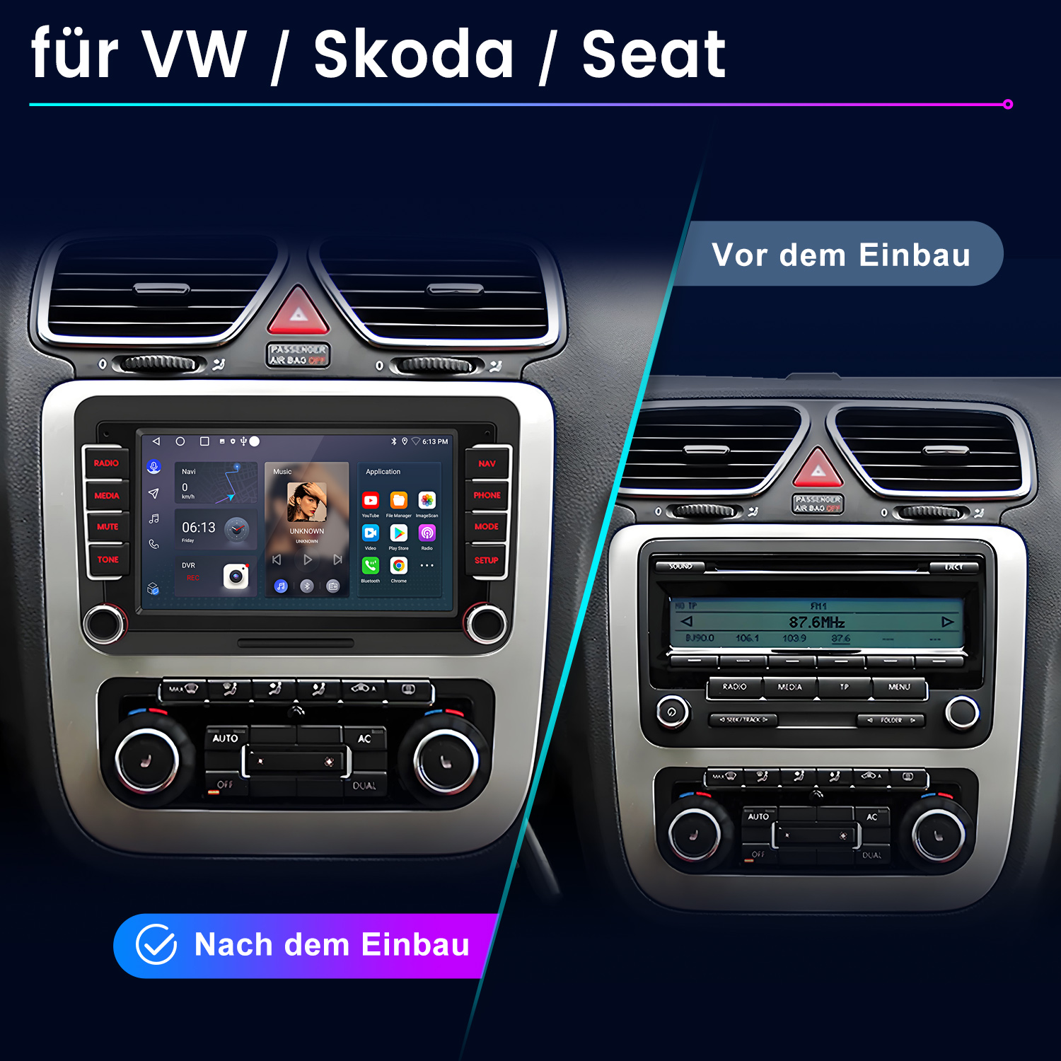 Vergleich zweier Autoradios: Vor und nach dem Einbau.