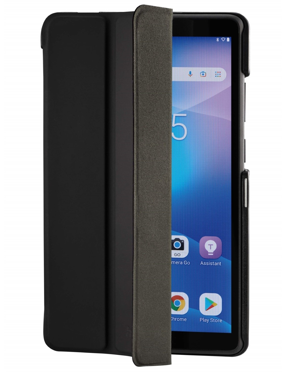 Ein schwarzes Smartphone mit einer aufgeschlagenen grauen Hülle, die den Bildschirm teilweise verdeckt.