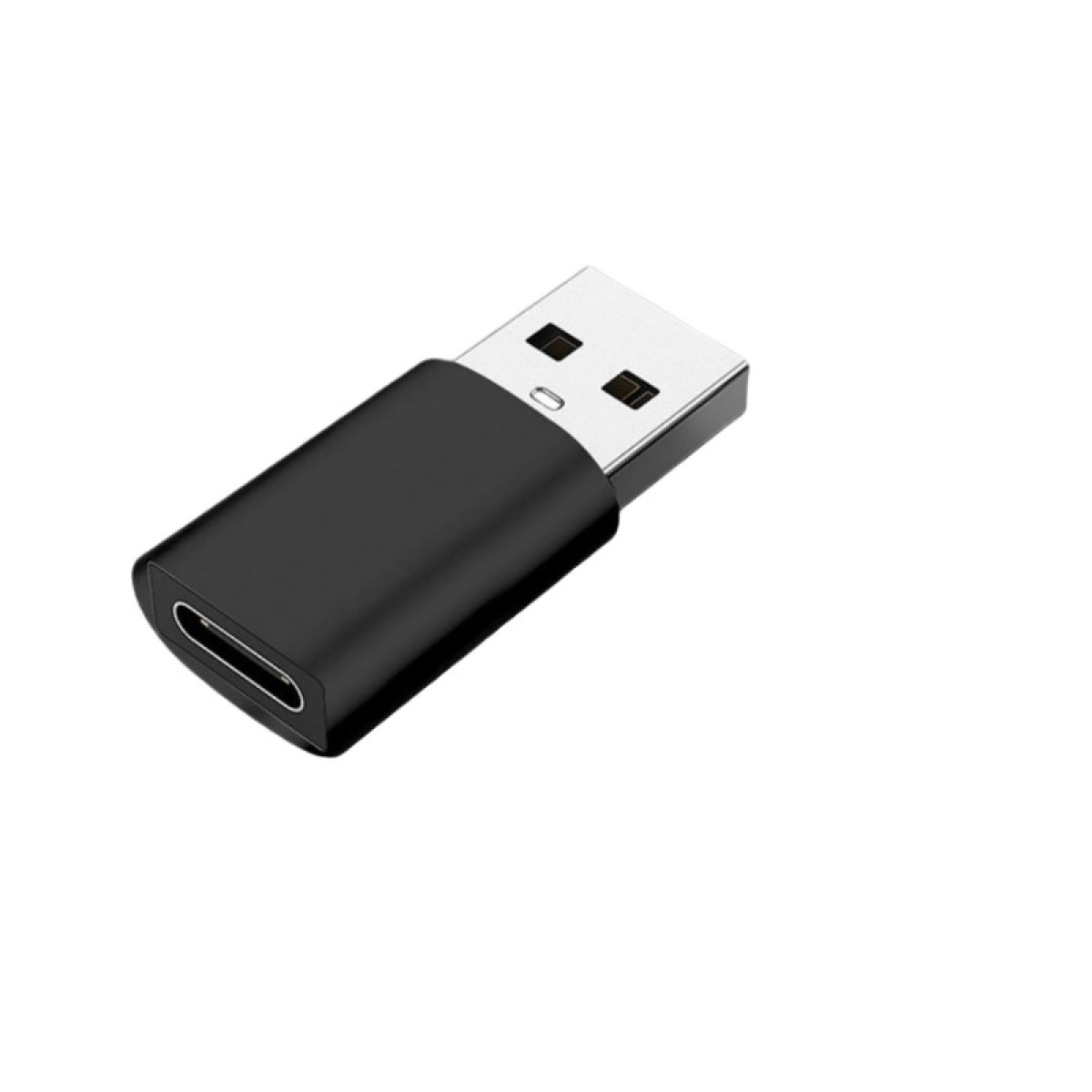 Schwarzer USB-C zu USB-A Adapter mit Metallanschluss.