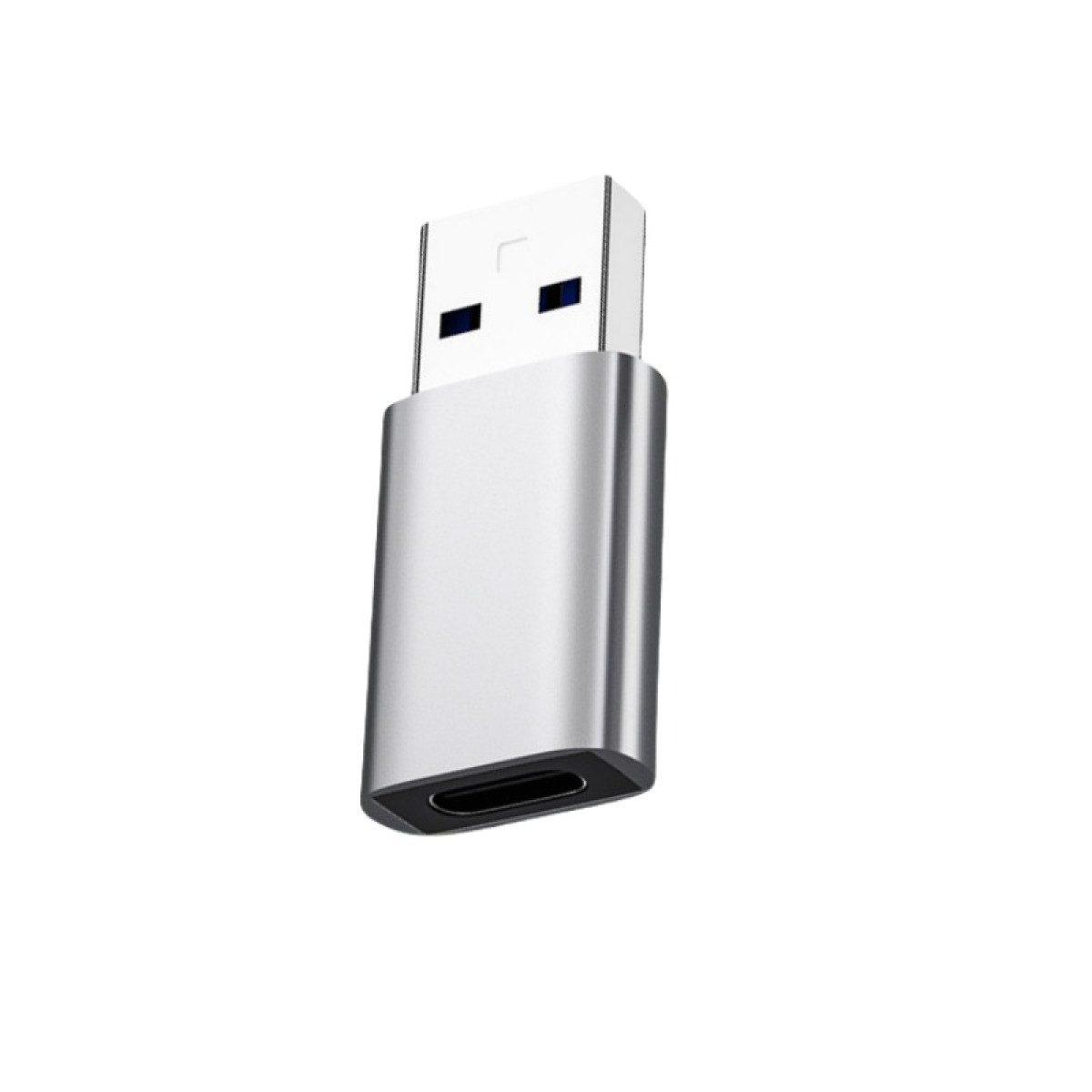 Silberner USB-C-Adapter mit USB-A-Stecker und USB-C-Buchse.