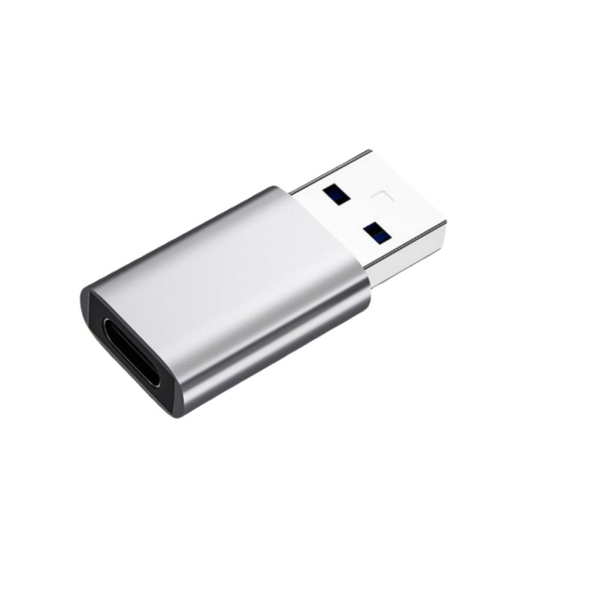 Ein silberner USB-C-zu-USB-A-Adapter mit blauem Innenleben.