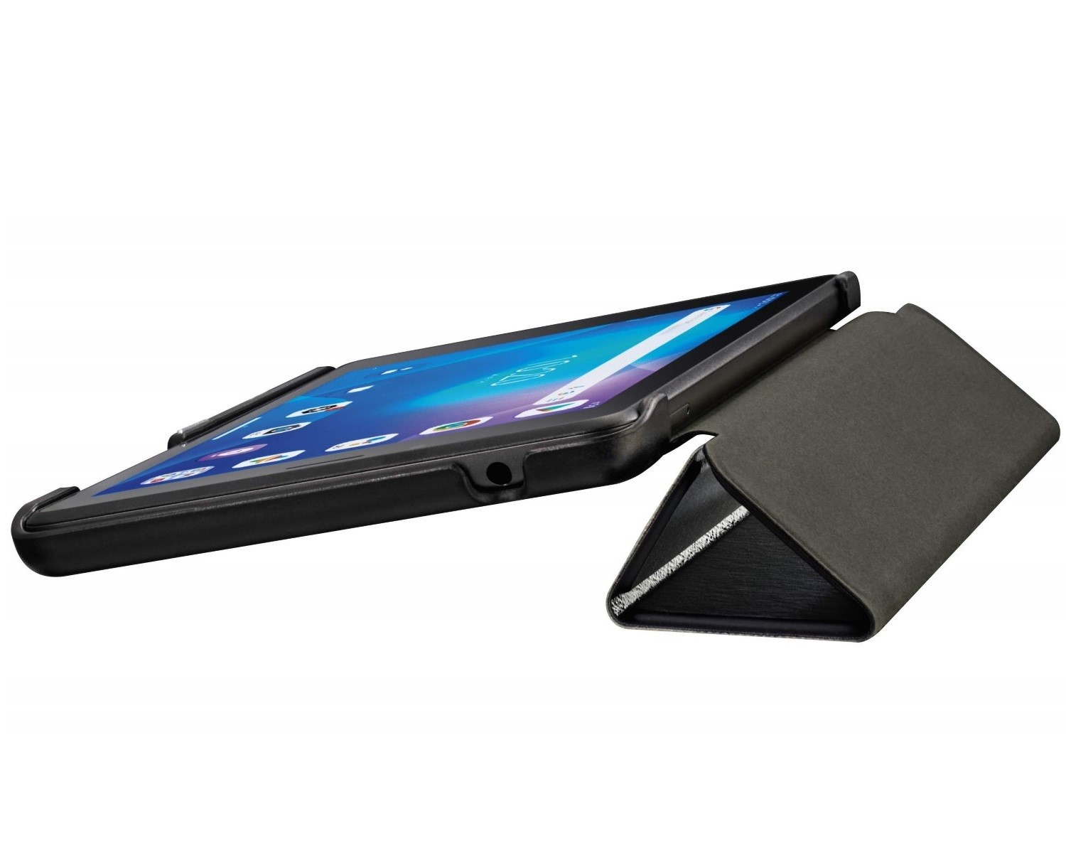 Ein schwarzes Tablet mit offenem, grauen Schutzumschlag, das auf einem weißen Hintergrund liegt.