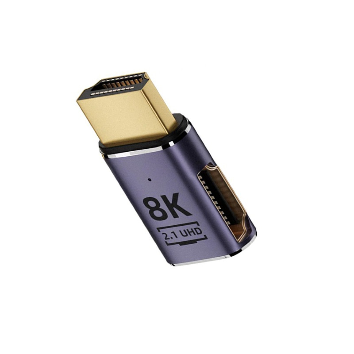 Lila Adapter mit 8K 2.1 UHD-Aufschrift und goldenem Stecker.