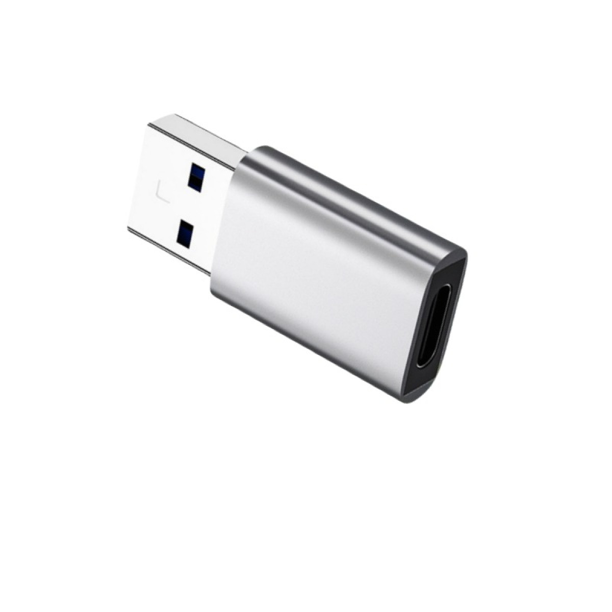 Ein silberner USB-C-Adapter mit einem USB-A-Stecker und einer USB-C-Buchse.