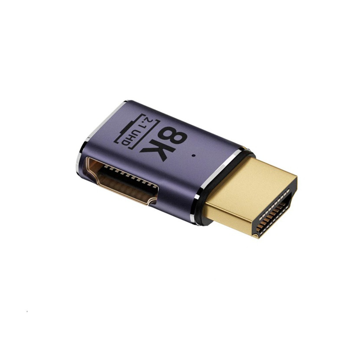 Ein violetter HDMI-Adapter mit 8K-Aufdruck und goldenem Stecker.