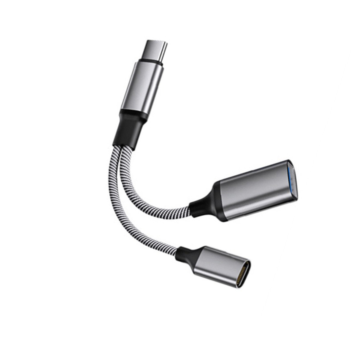 Ein silberner USB-C-Splitter mit zwei Kabeln und Anschlüssen.