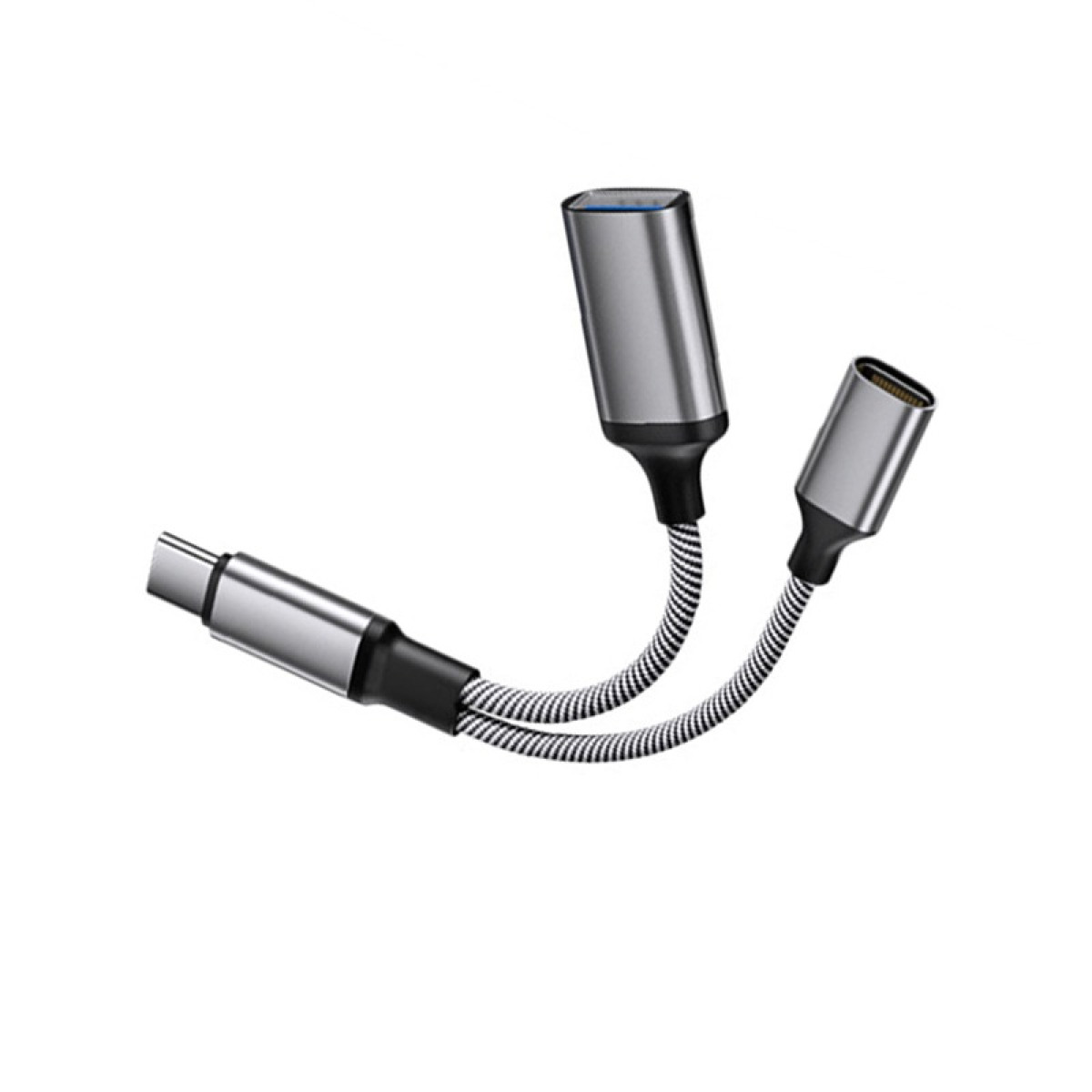 Ein silberner USB-C-Adapter mit zwei Kabeln und Anschlüssen.